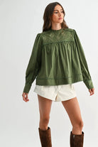Camellia Camellia - EMBROIDERED OLIVE PUFF SLEEVE BLOUSE WTIH TRIM: OLIVE GREEN / S-M-L(3-2-1) -