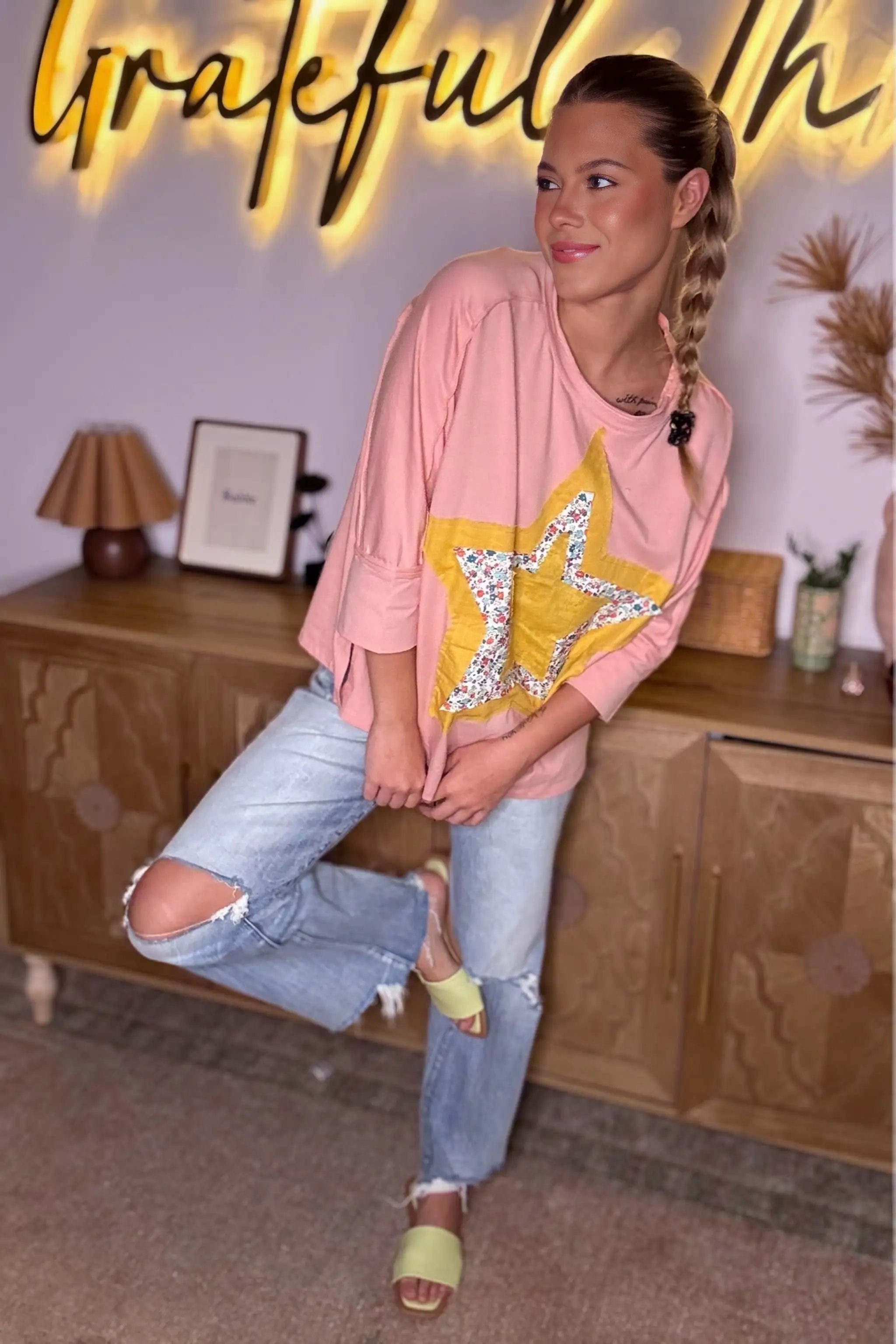 Grateful Threads Boutique Rose Tan Floral Starbust Exposed Seam Mineral Wash Top - Blouses Rose Tan Floral Starbust Exposed Seam Mineral Wash Top