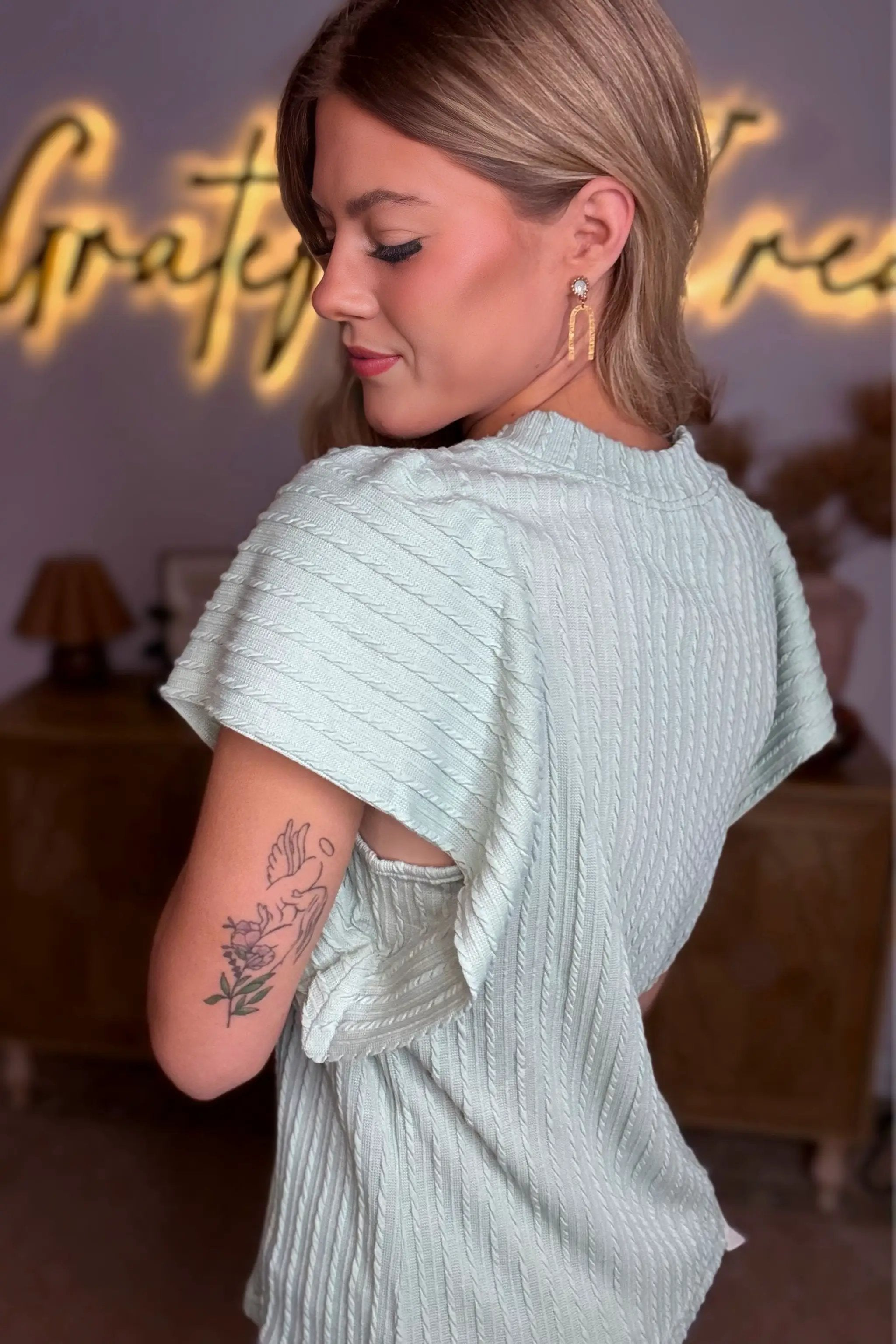 Grateful Threads Boutique Moonlight Jade Solid Color Textured Flutter Sleeve Top - Blouses Moonlight Jade Solid Color Textured Flutter Sleeve Top