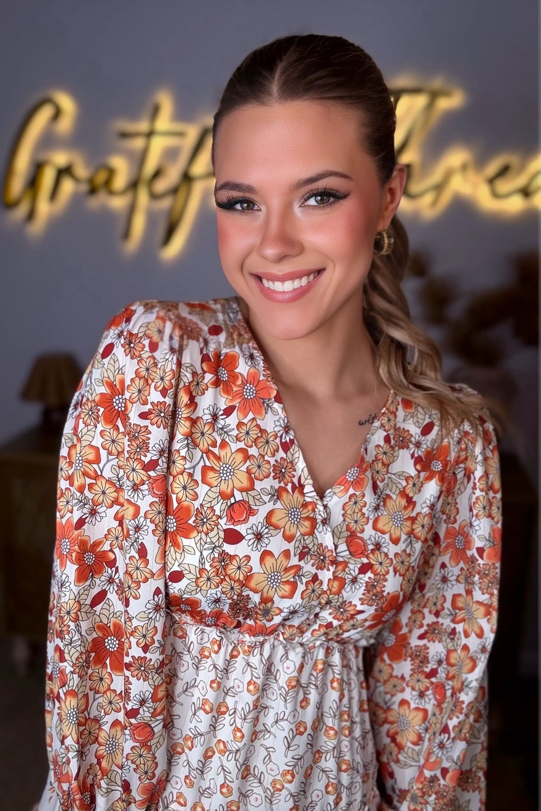 Grateful Threads Boutique The Pumpkin Patch Dress – Khaki Floral Tiered Midi for Fall Fun - Dresses