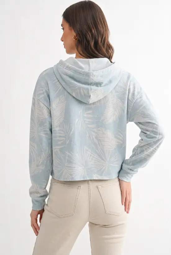 Camellia Dusty Sage French Terry Cropped Hoodie With Tropical Leaf Print - Hoodies