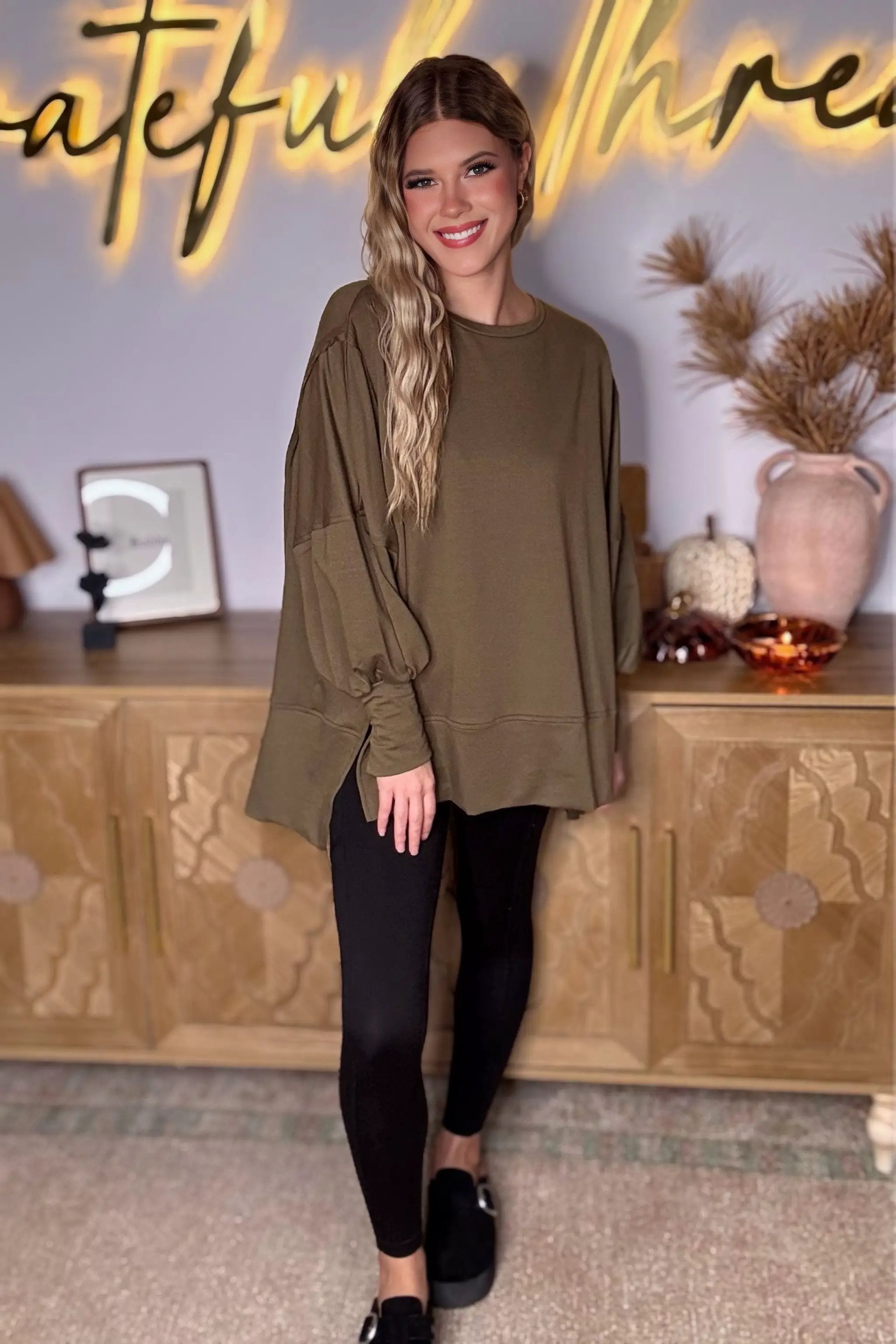Grateful Threads Boutique Olive You Forever Oversized Top - Sweatshirts Top