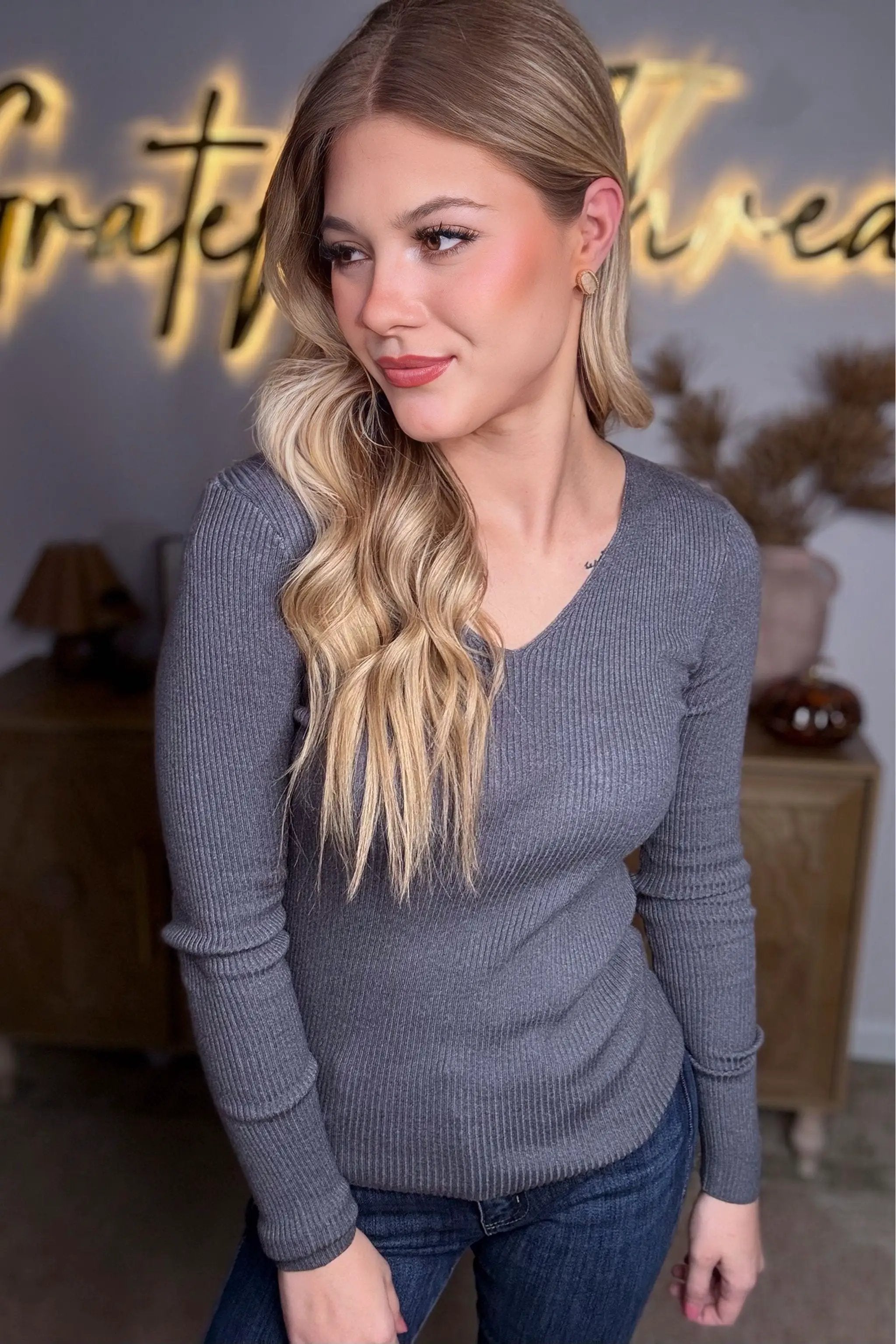 Active Basic | Active USA Chasing Charcoal Ribbed Viscose V-Neck Sweater - Sweaters