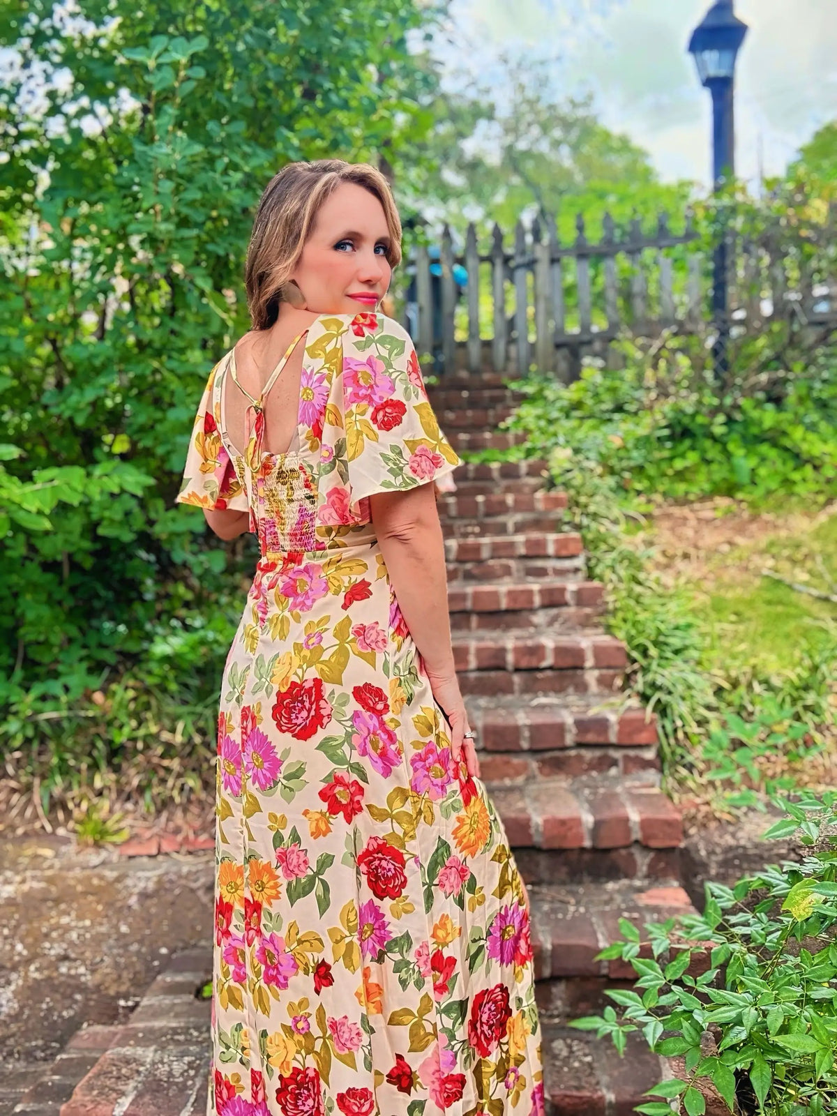 Grateful Threads Boutique Garden Party Escape Maxi Dress - Dresses vintage floral v neck short sleeve tie back long slit dress