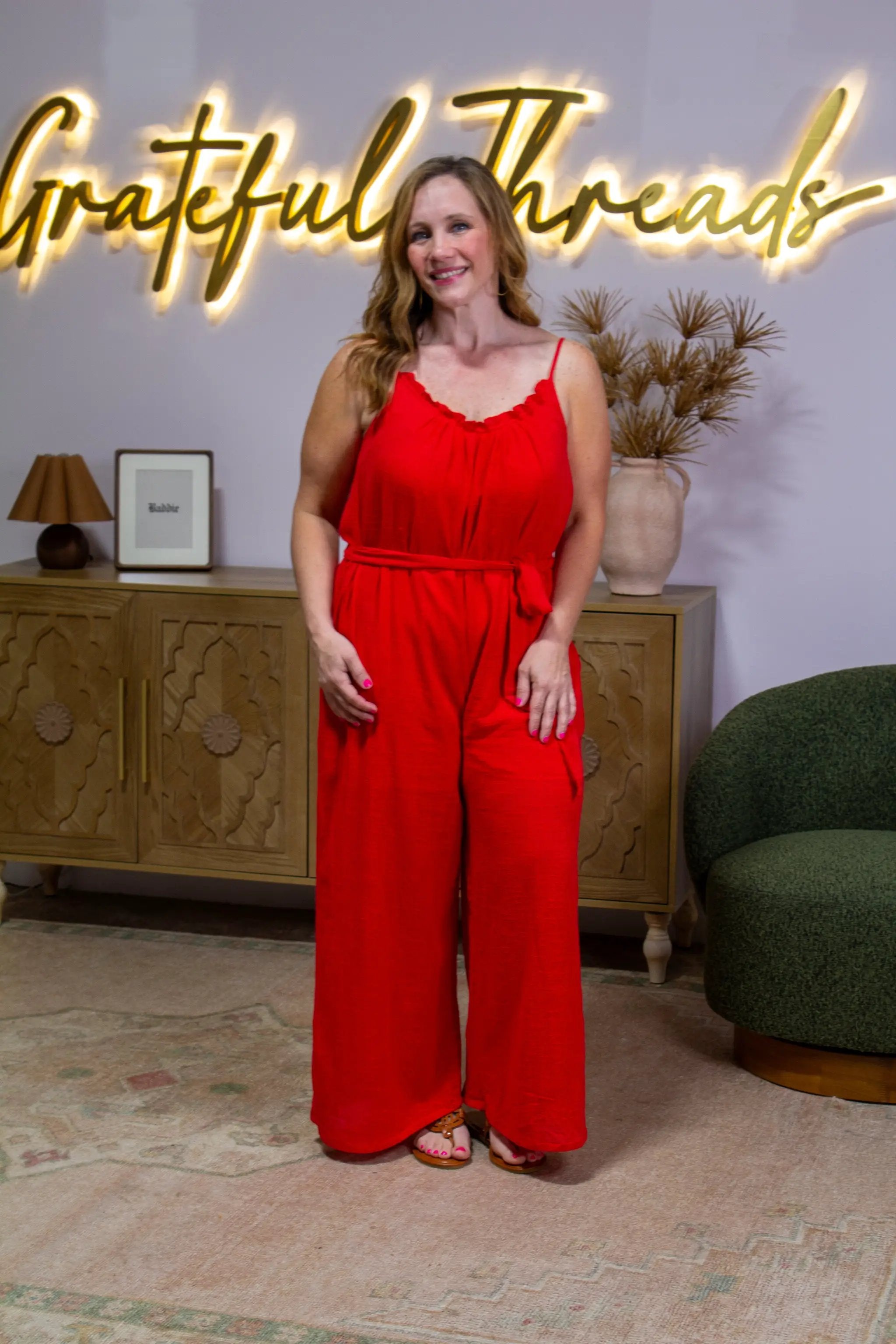 En Crème En Crème Red Sleeveless Belted Jumpsuit - One-Pieces red sleeveless jumpsuit