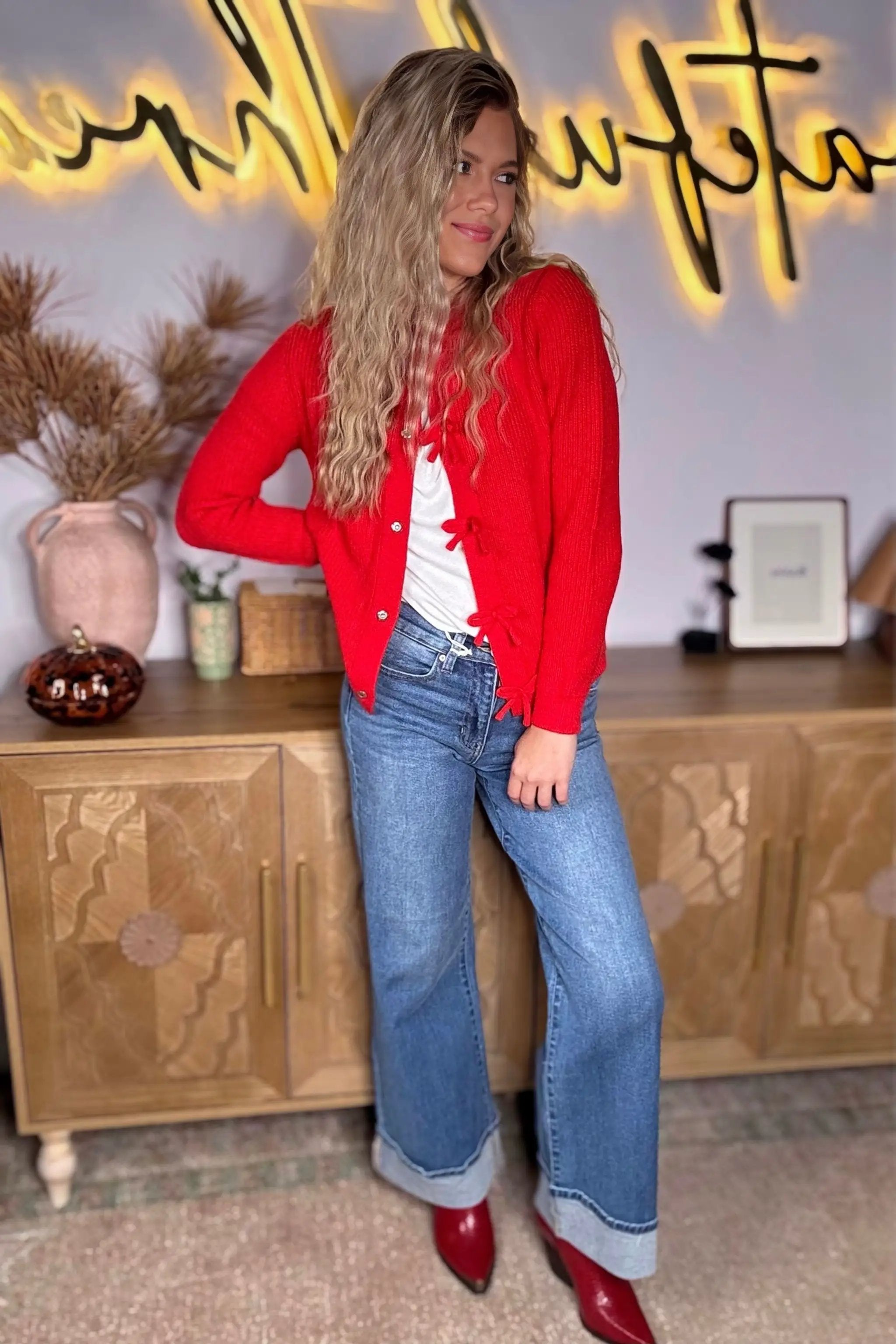 Grateful Threads Boutique Fiery Red Knit Bow Cardigan - Sweaters