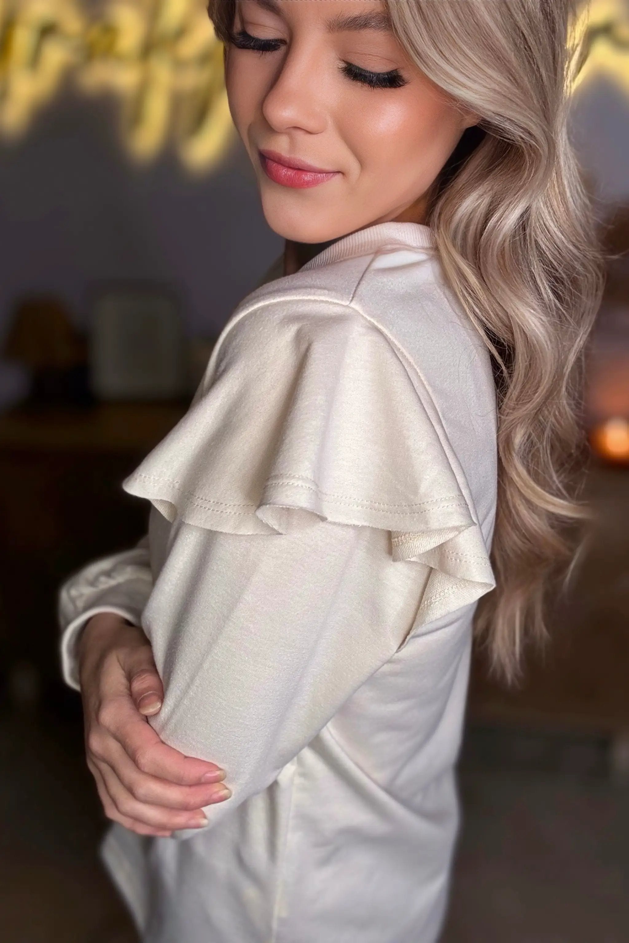 Grateful Threads Boutique Jet Stream Chic Ruffled Shoulder Cream Sweatshirt - Sweatshirts