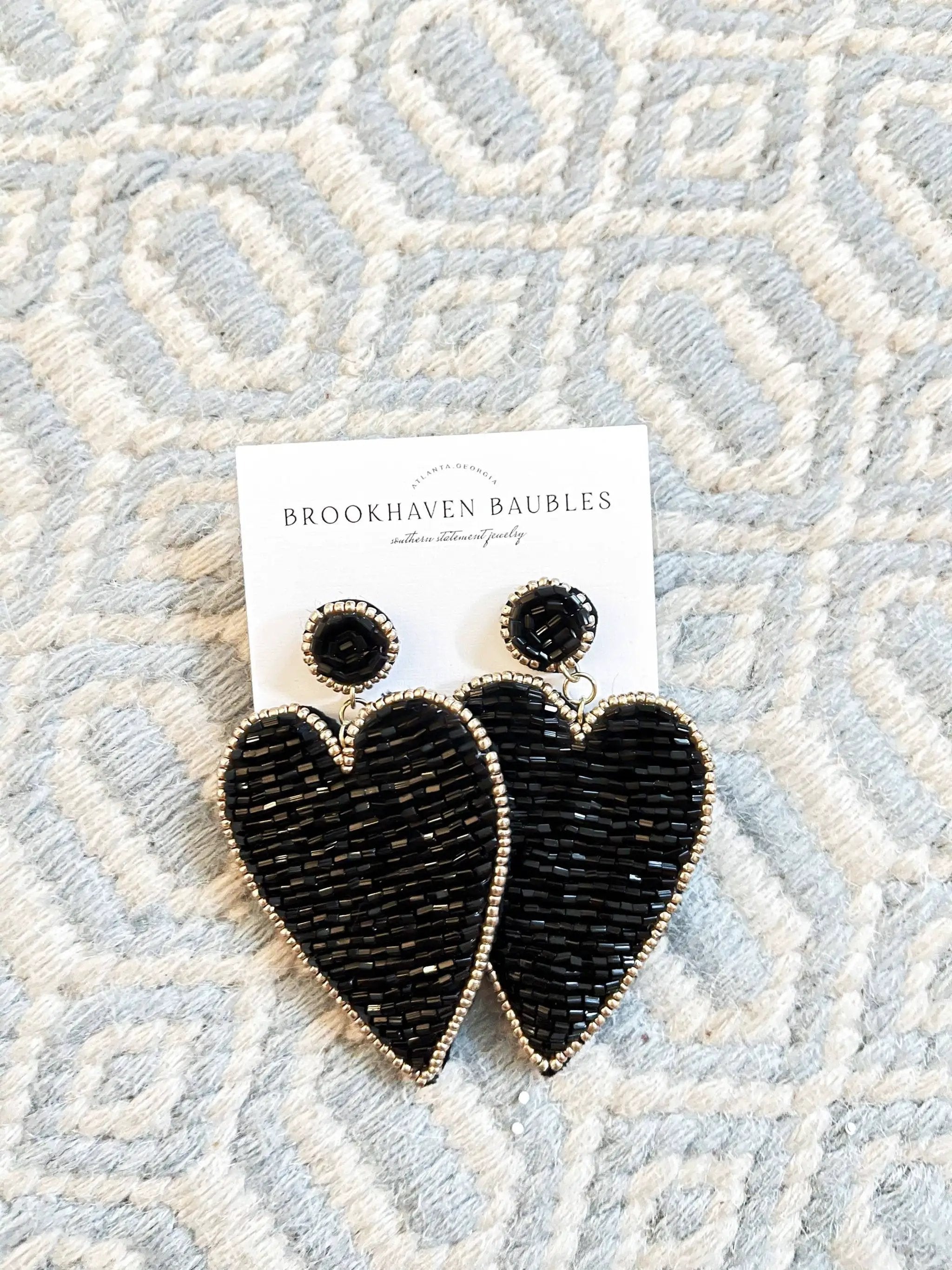 Brookhaven Baubles Black Beaded Heart Earrings with Gold Accents - Earrings black beaded heart earrings