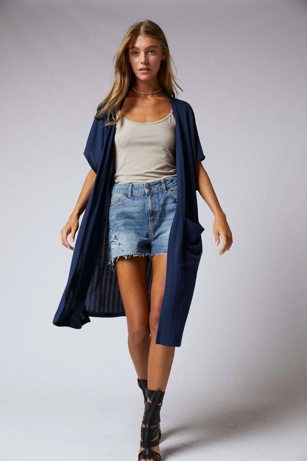 Cerule Navy Side Slit Duster Cardigan - Cardigans