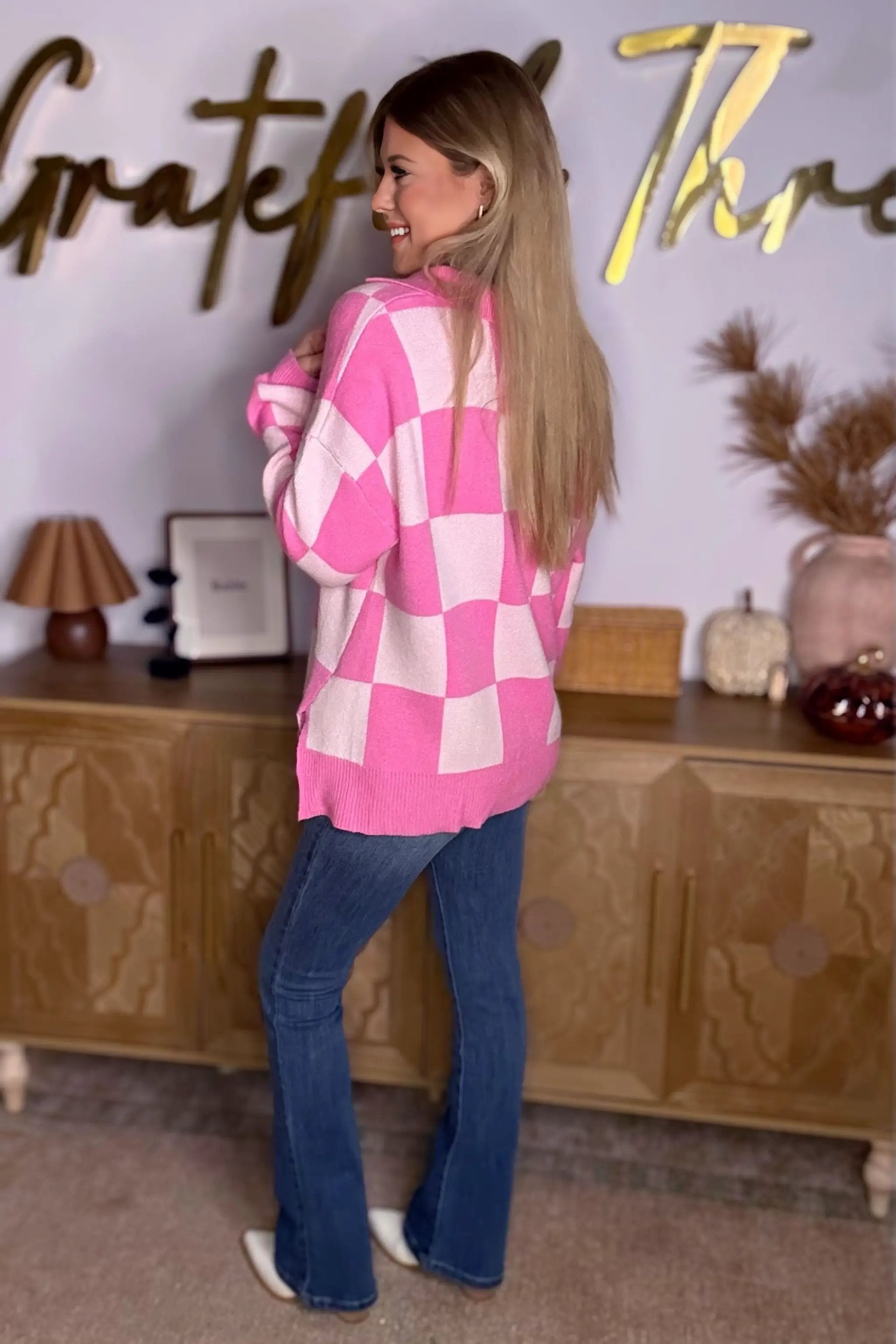 Grateful Threads Boutique Pink Checkerboard Half Button Collared Drop Shoulder Sweater - Sweaters Pink Checkerboard Half Button Collared Drop Shoulder Sweater