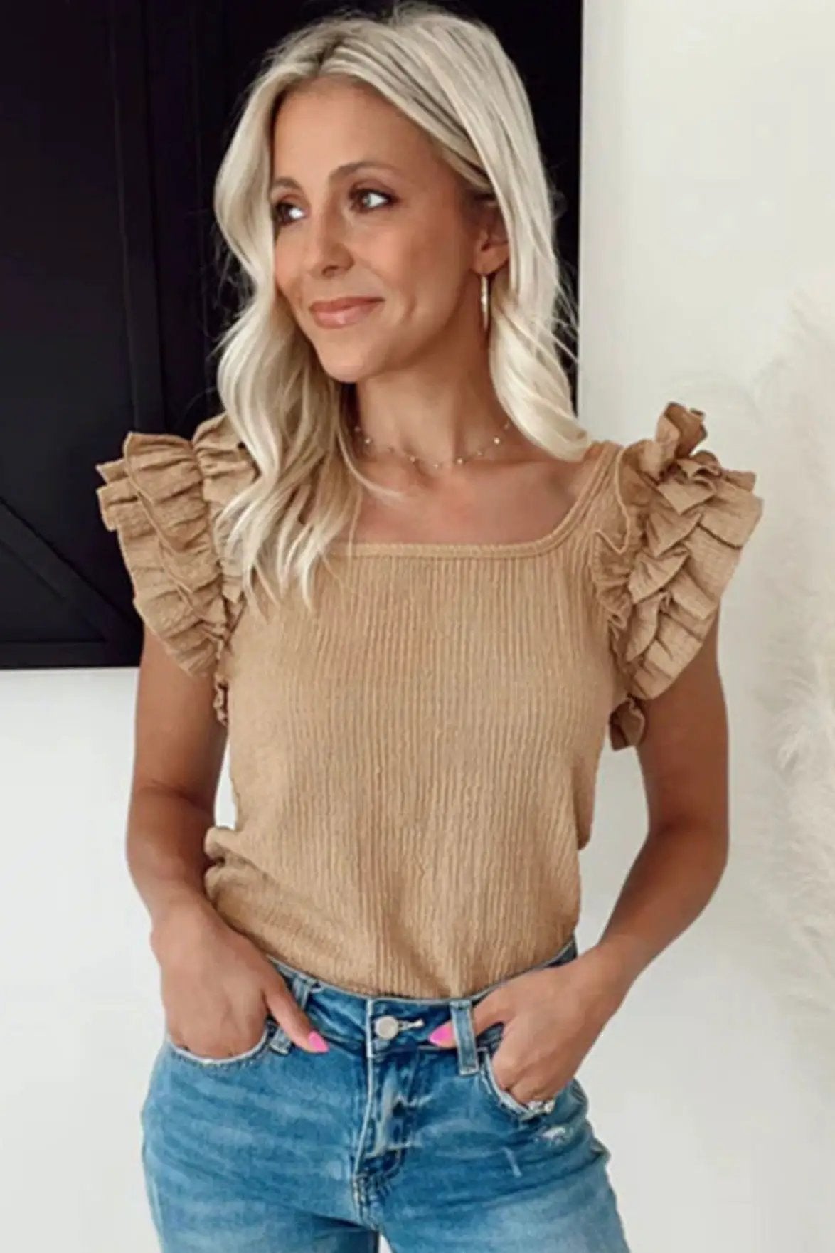 Light mocha textured square neck top featuring tiered ruffled cap sleeves and a slim ribbed knit fit.