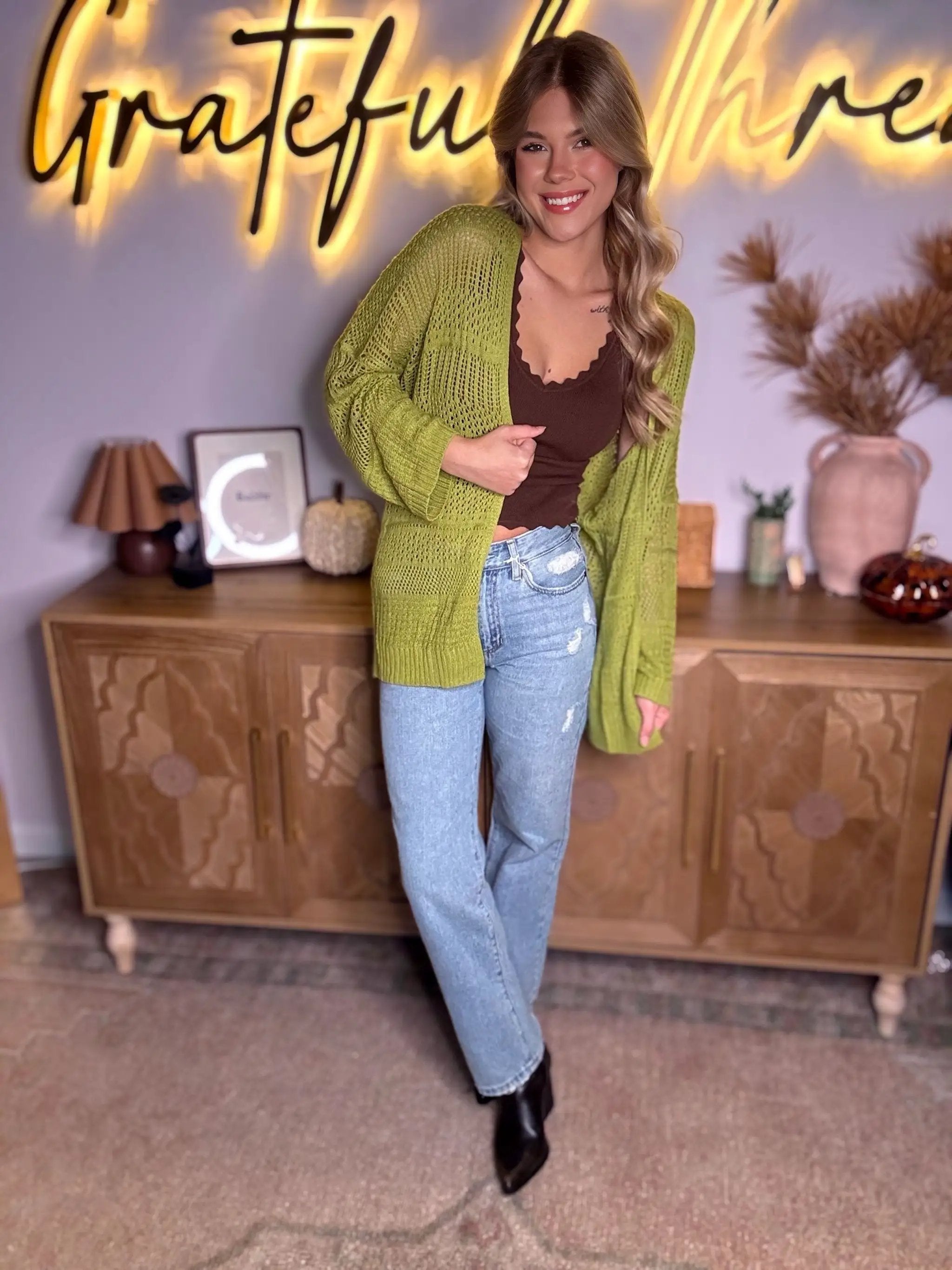 Grateful Threads Boutique Olive Breeze Oversize Crochet Knit Open Cardigan – Lightweight Layering Sweater - Cardigans Spinach Green Oversize Crochet Knit Open Cardigan