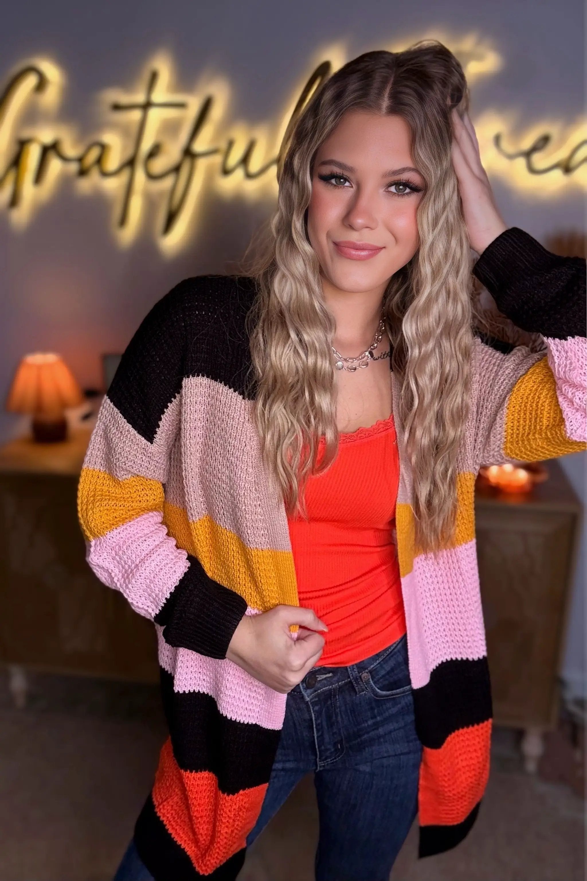 Grateful Threads Boutique Multicolor Waffle Knit Color Block Open Front Cardigan - Cardigans Multicolor Waffle Knit Color Block Open Front Cardigan