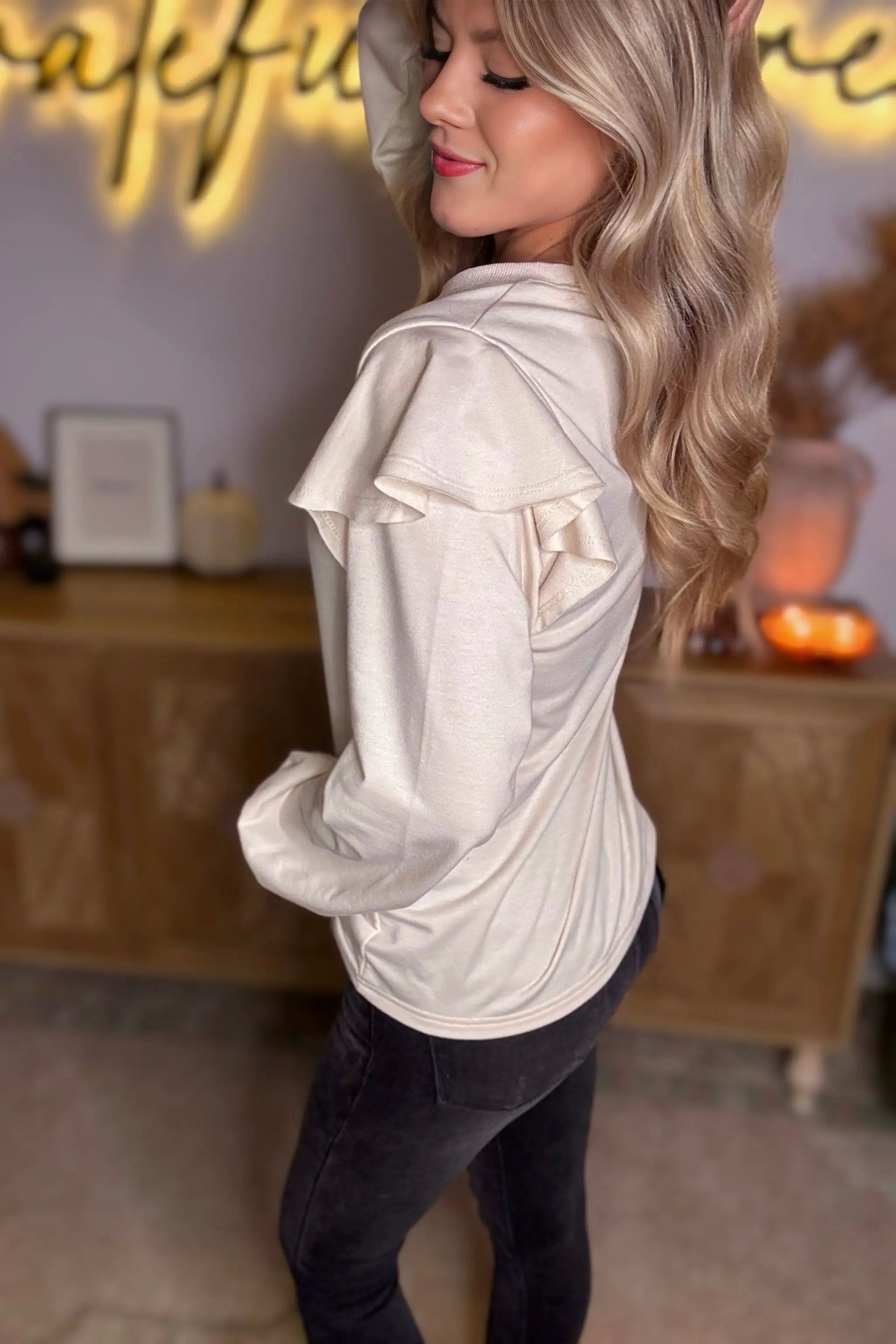 Grateful Threads Boutique Jet Stream Chic Ruffled Shoulder Cream Sweatshirt - Sweatshirts