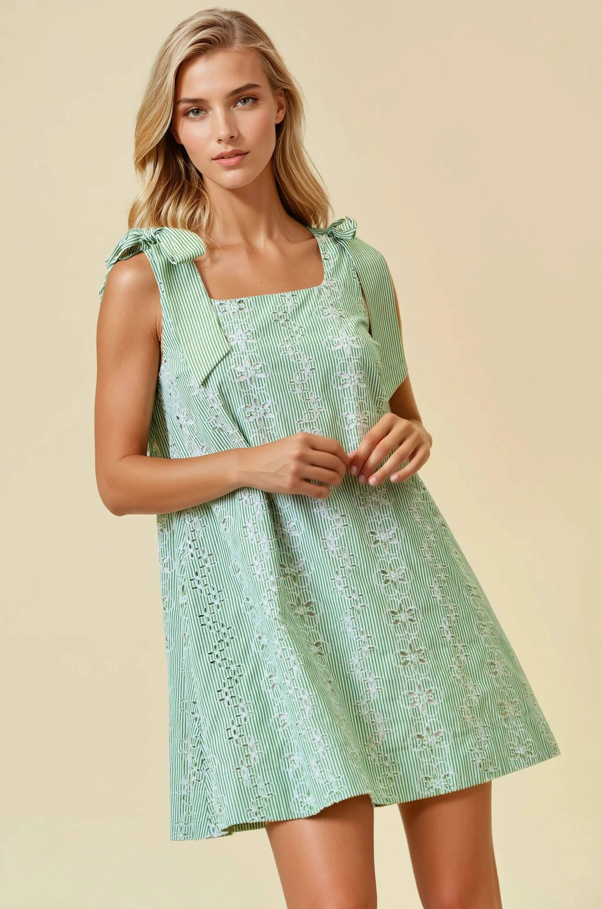Doe and Rae The Kiwi Garden Eyelet Tie-Shoulder Mini Dress - Dresses