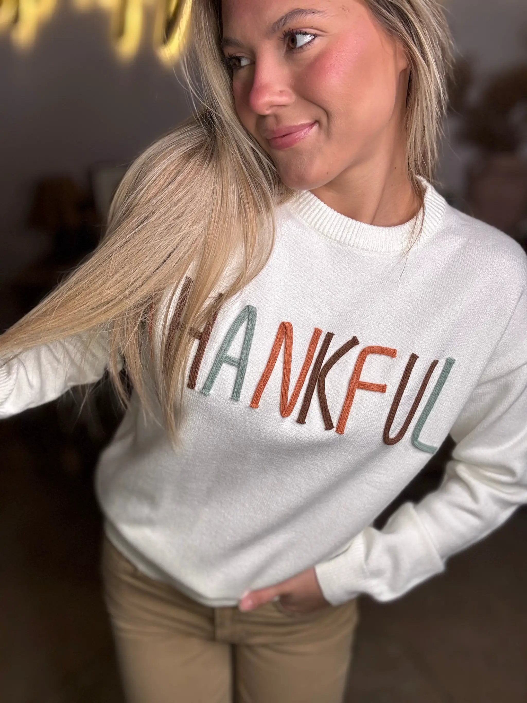 Grateful Threads Boutique Thankful Stitch Embroidered Sweater - Sweaters