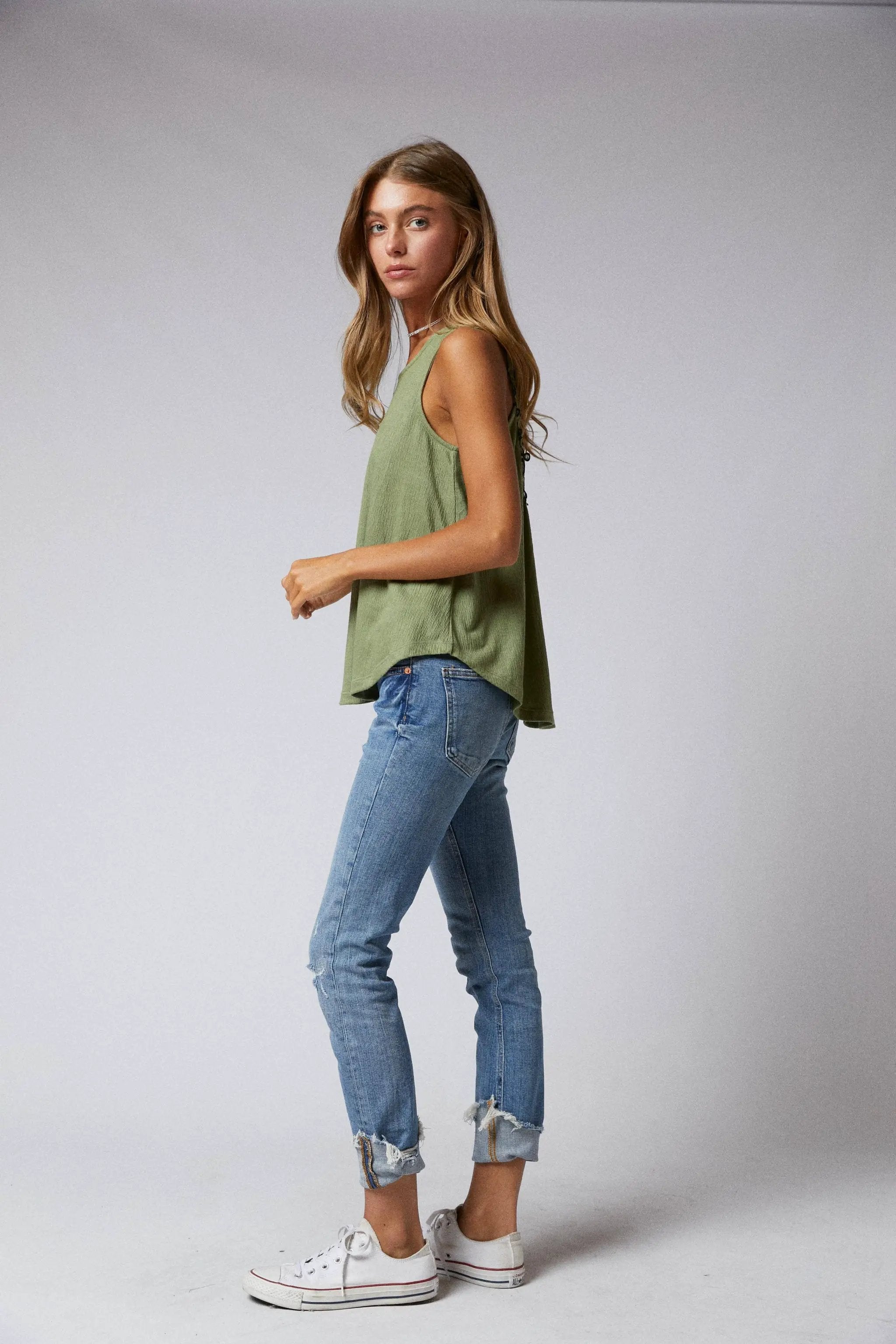 Cerule Sleeveless Back Lace Patch Crinkle Knit Swing Top - Tank Tops