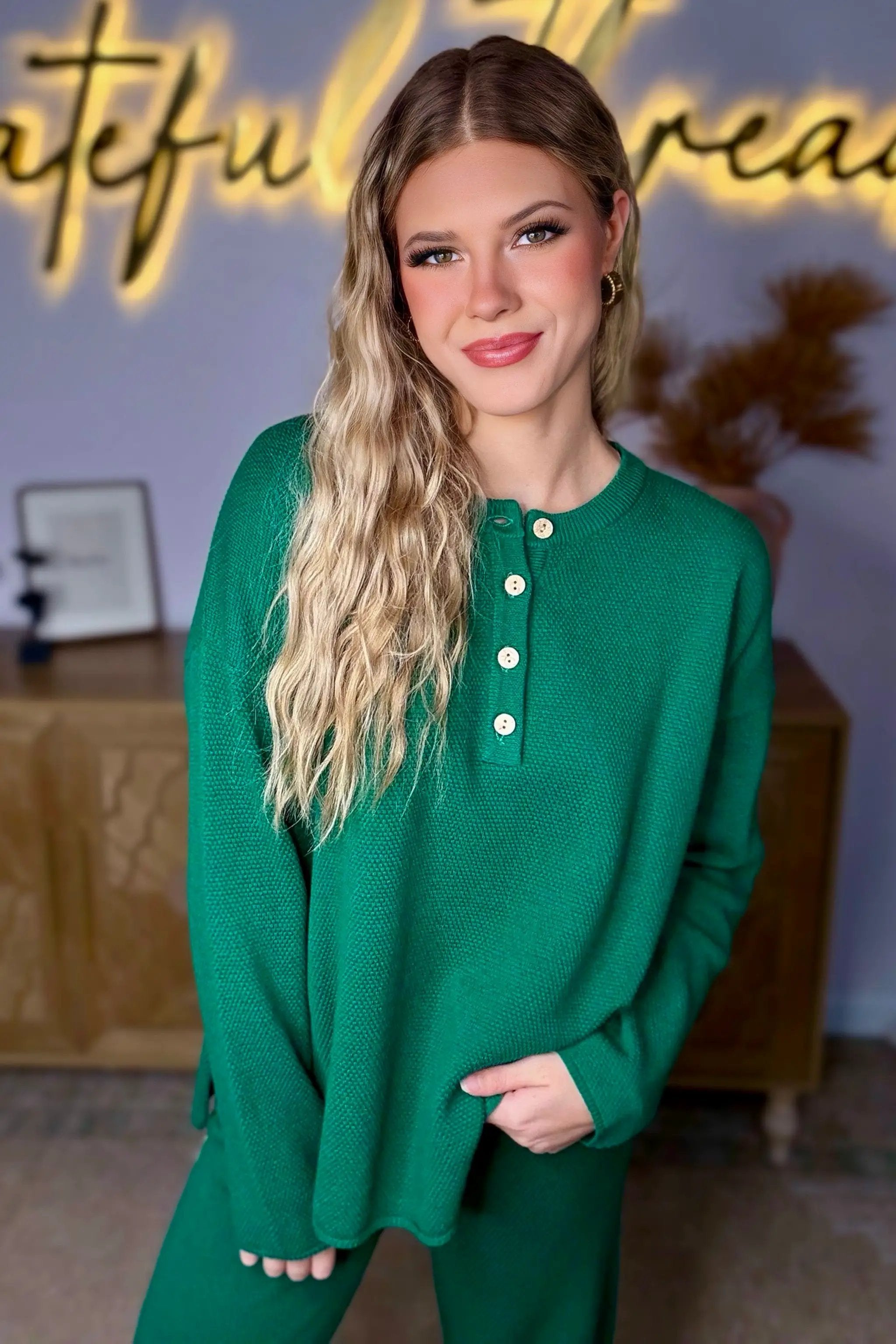 Le Lis LE LIS Dark Green Button Up Sweater Top - Matching Pants Available - Sweaters