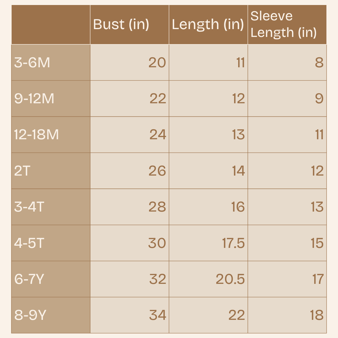 HAHA MAMA Measurement chart for children's clothing sizes with bust, length, and sleeve length measurements.
