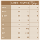 HAHA MAMA Measurement chart for children's clothing sizes with bust, length, and sleeve length measurements.