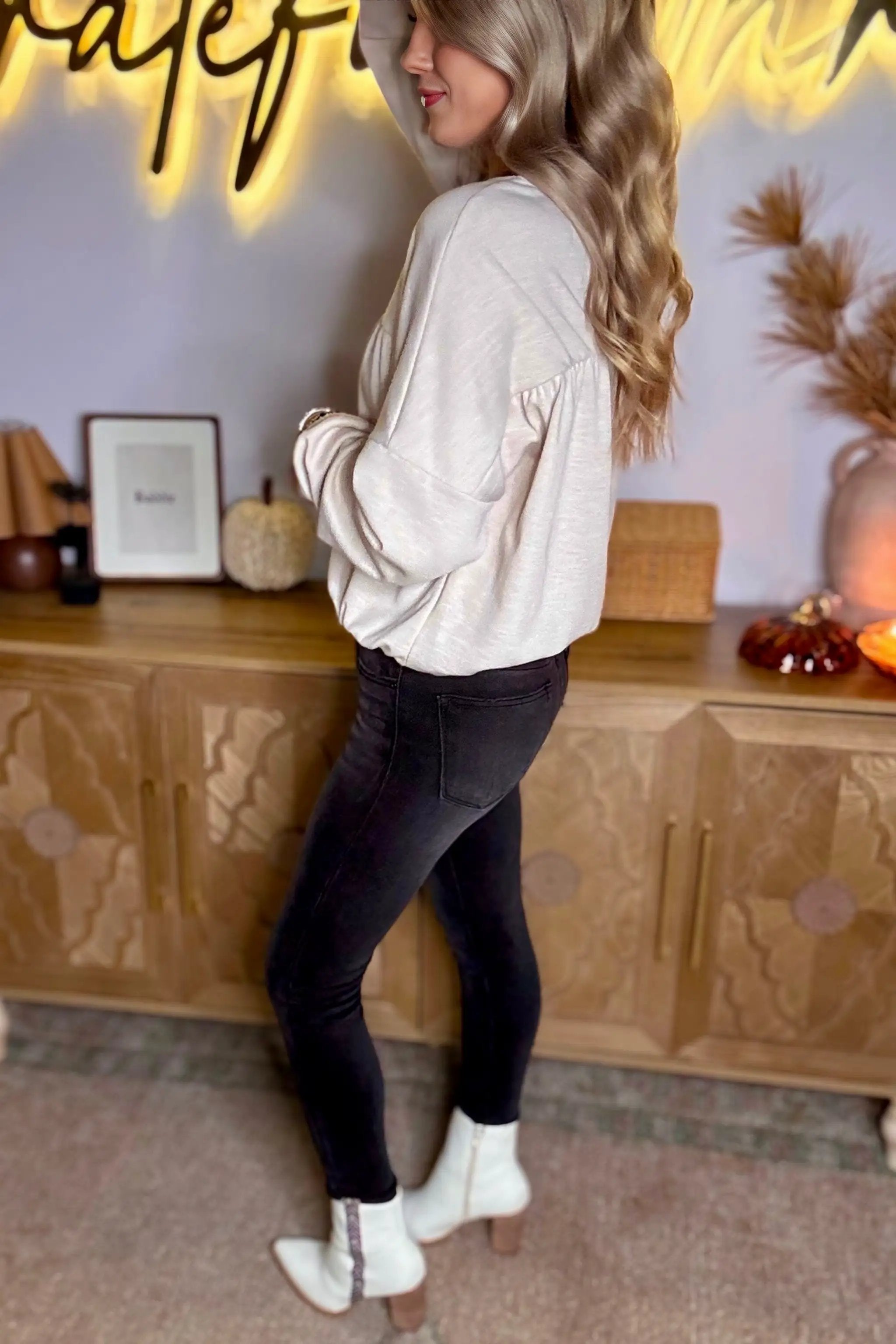 Grateful Threads Boutique Driftwood Dreams Drop Shoulder Top - Sweaters Jet Stream Textured Pleated Drop Shoulder Long Sleeve Knit Top