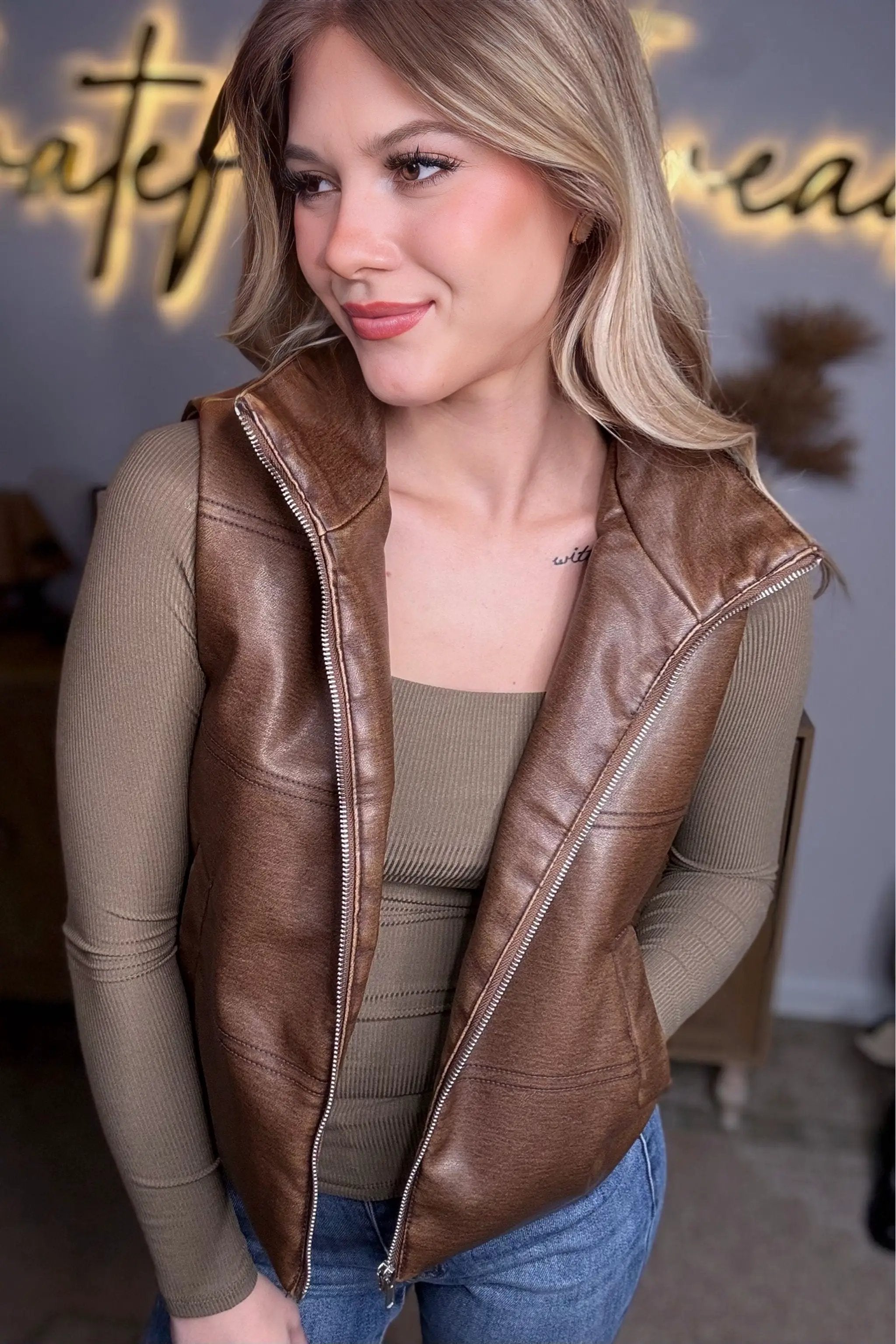 Active Basic | Active USA Active Basic | Active USA - Wash Effect Faux Leather Vest in Hazelnut - Vests Wash Effect Faux Leather Vest