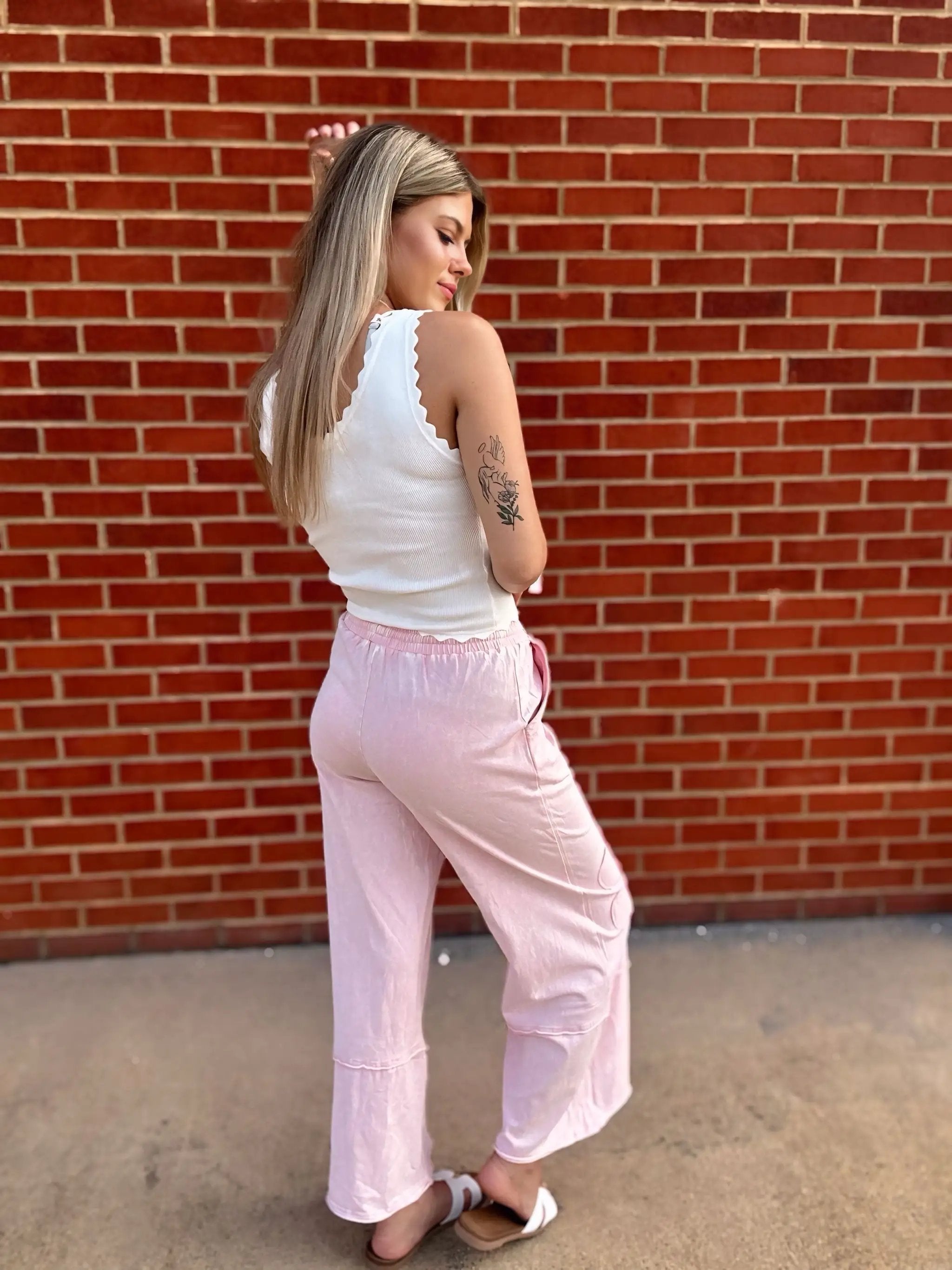 Grateful Threads Boutique Pink Flower Patch Mineral Washed Terry Knit Cropped Wide Leg Pants - Loungewear Bottoms Pink Flower Patch Mineral Washed Terry Knit Cropped Wide Leg Pants