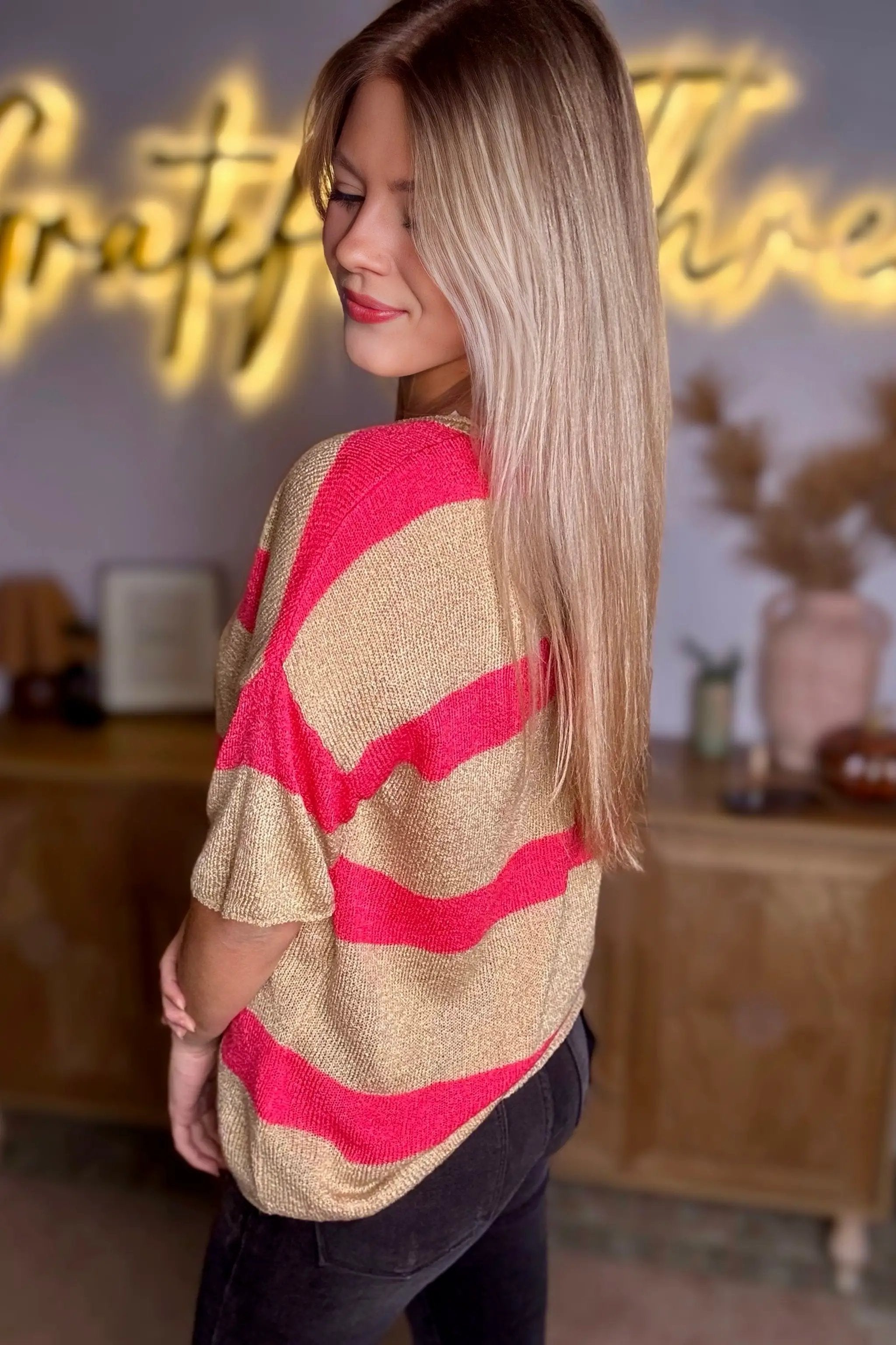 Grateful Threads Boutique Pink Stripe Colorblock Short Sleeve Crew Neck Lightweight Sweater - Sweaters Pink Stripe Colorblock Short Sleeve Crew Neck Lightweight Sweater