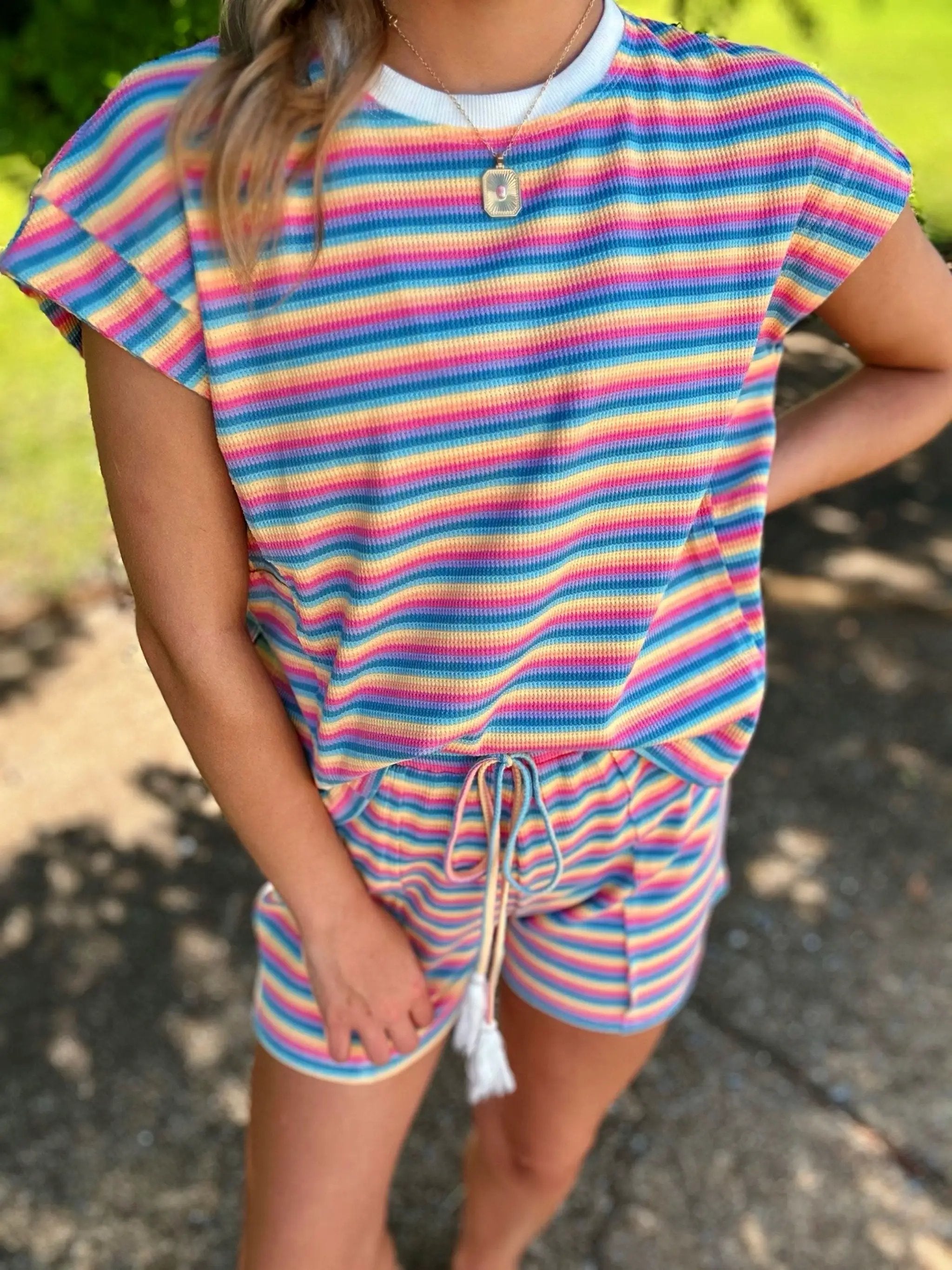 Grateful Threads Boutique Summer Stripes Lounge Set – Tee & Tassel Shorts - Outfit Sets