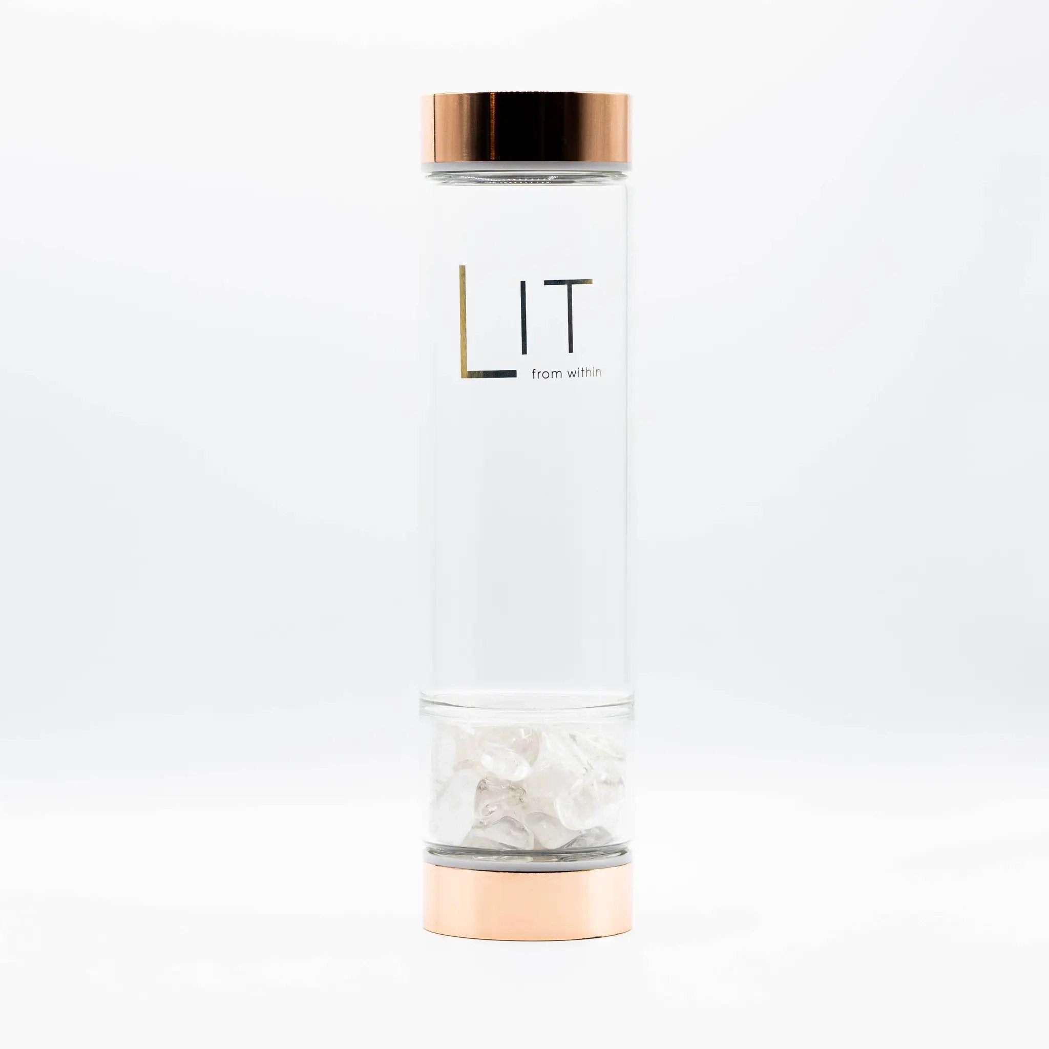 LIT From Within LIT From Within - Rose Gold Crystal Infused Glass Water Bottle - Clear Quartz -