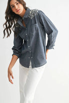 Camellia Camellia - EMBROIDERED DENIM BUTTON-UP LONG-SLEEVE SHIRT: DARK CHAMBRAY / S-M-L(3-2-1) -