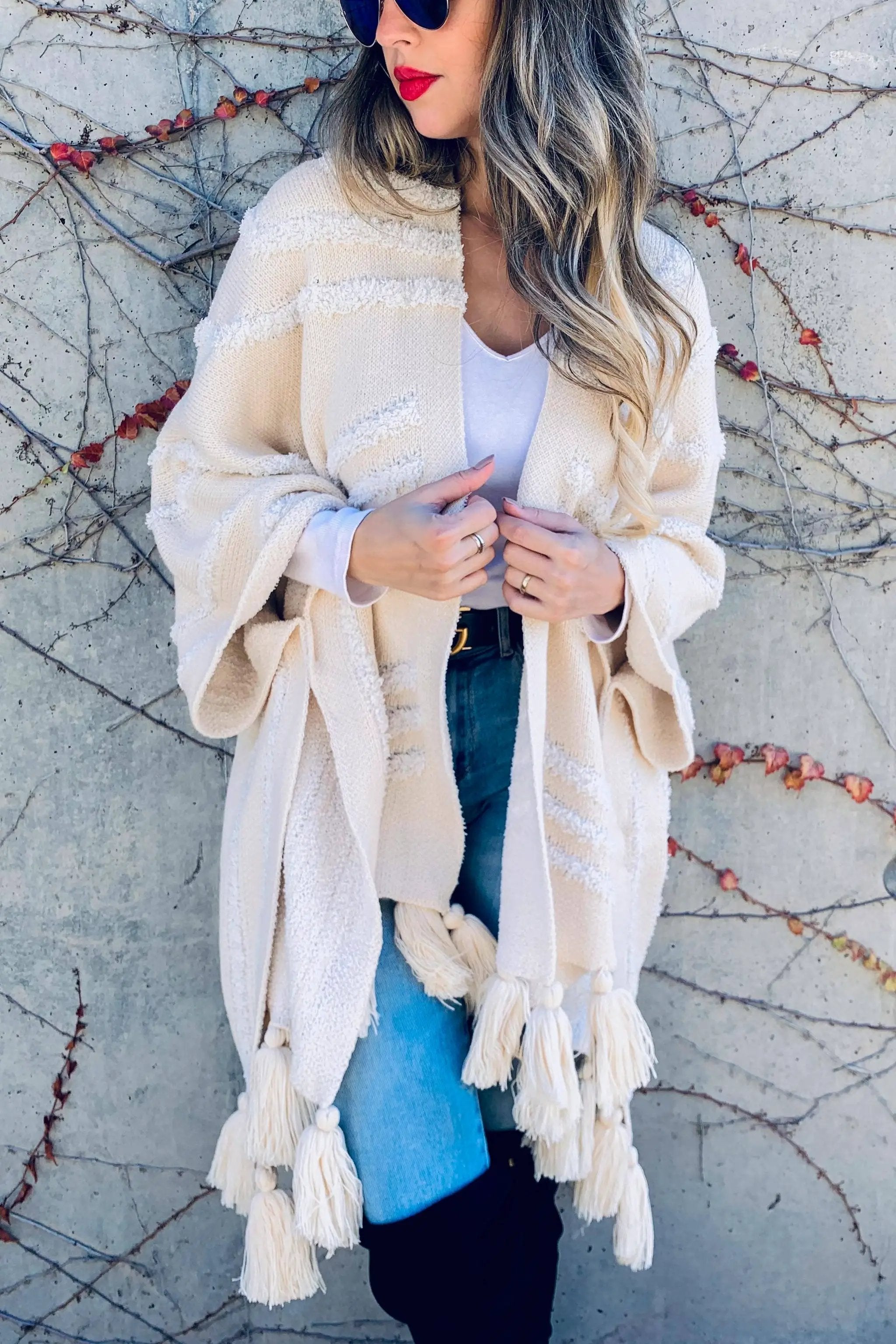 AMOLI AMOLI - Cream Western Textured Pattern with Chunky Tassel Cardigan - Cardigans