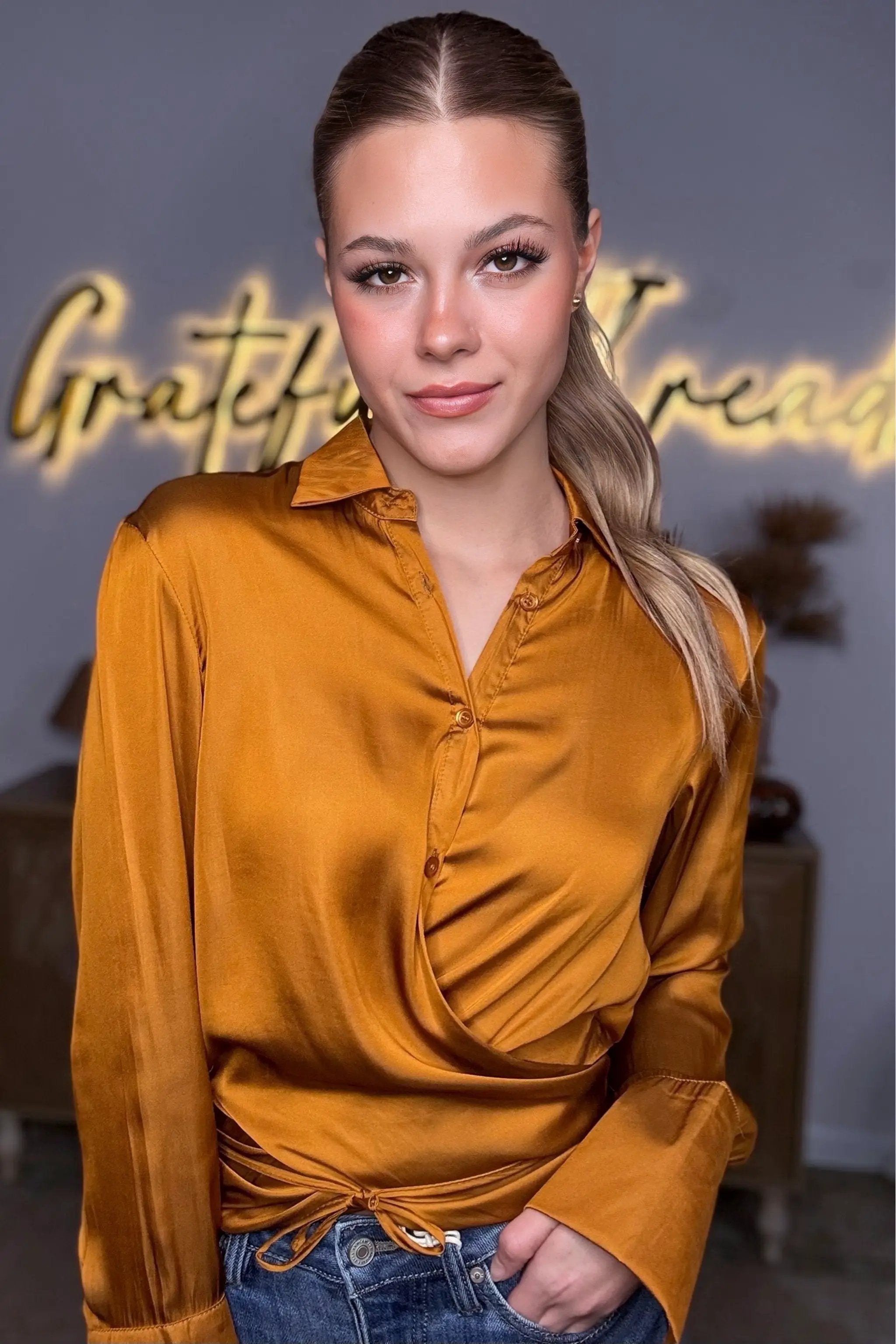 Mustard Seed Golden Hour Satin Wrap Blouse - Blouses