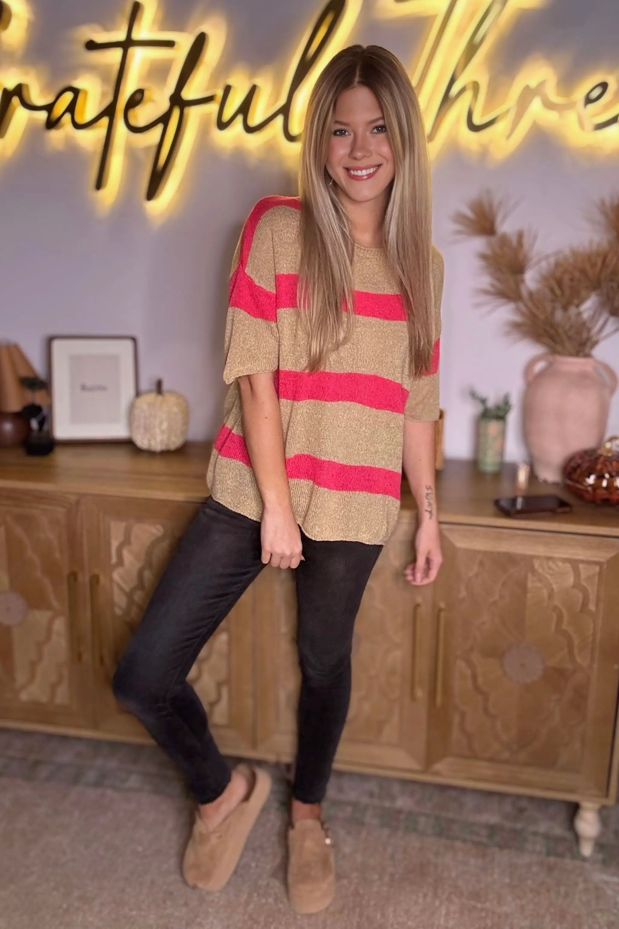 Grateful Threads Boutique Pink Stripe Colorblock Short Sleeve Crew Neck Lightweight Sweater - Sweaters Pink Stripe Colorblock Short Sleeve Crew Neck Lightweight Sweater