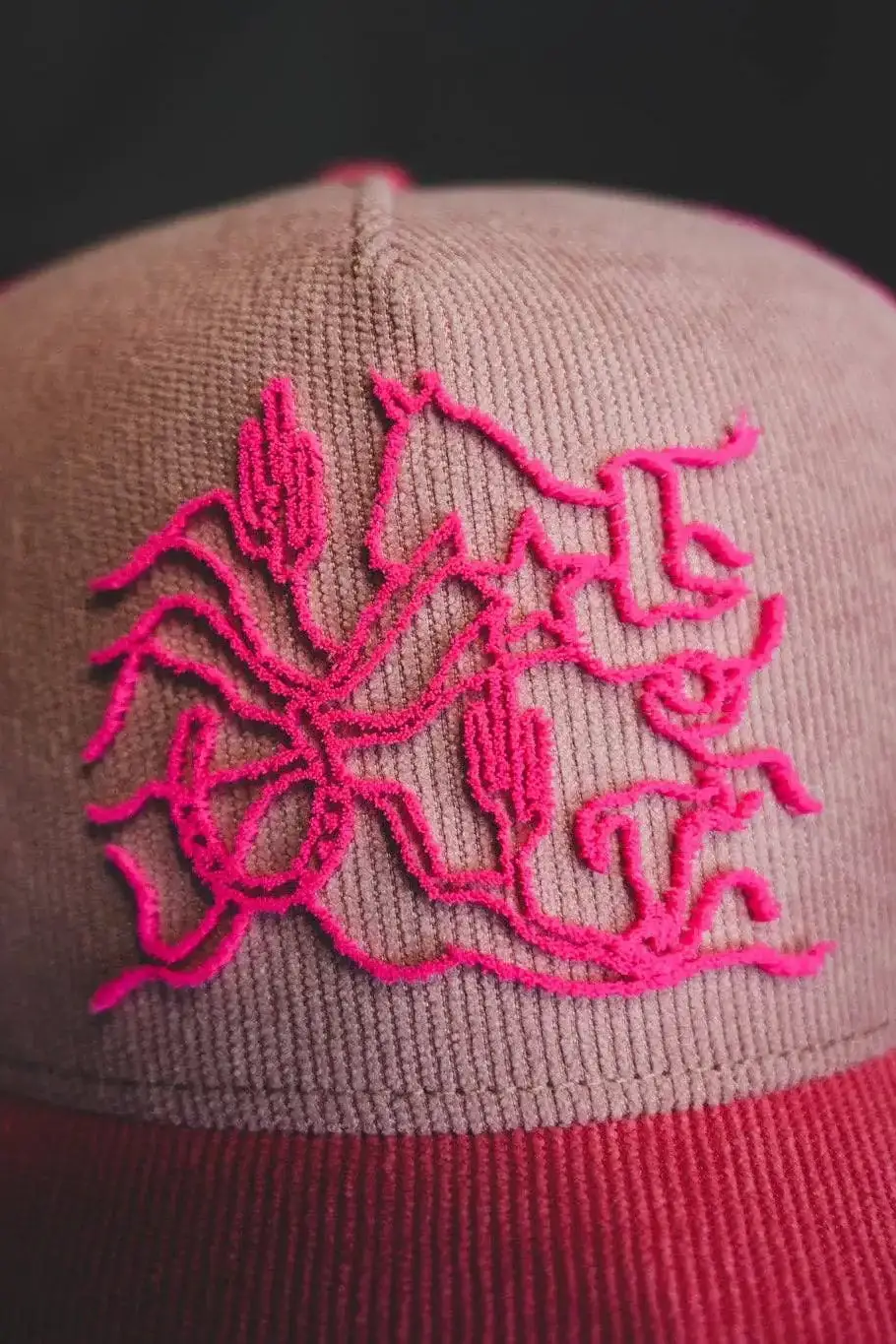 2 Fly Co WAVY WESTERN CAP with bright pink embroidery on tan corduroy fabric