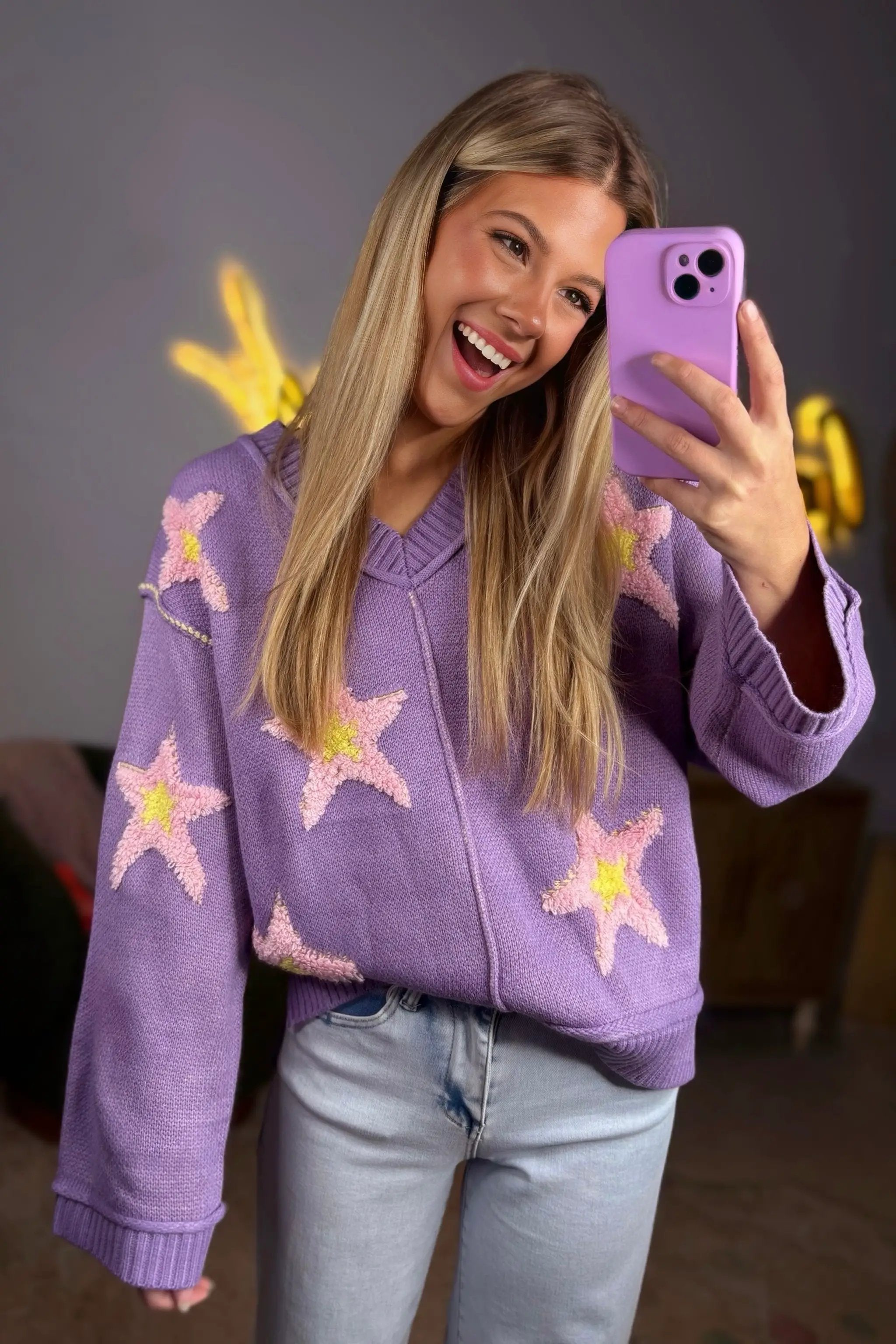 Grateful Threads Boutique Lavender Brushed Star Graphic V-Neck Drop Shoulder Oversize Sweater - Sweaters Lavender Brushed Star Graphic V-Neck Drop Shoulder Oversize Sweater