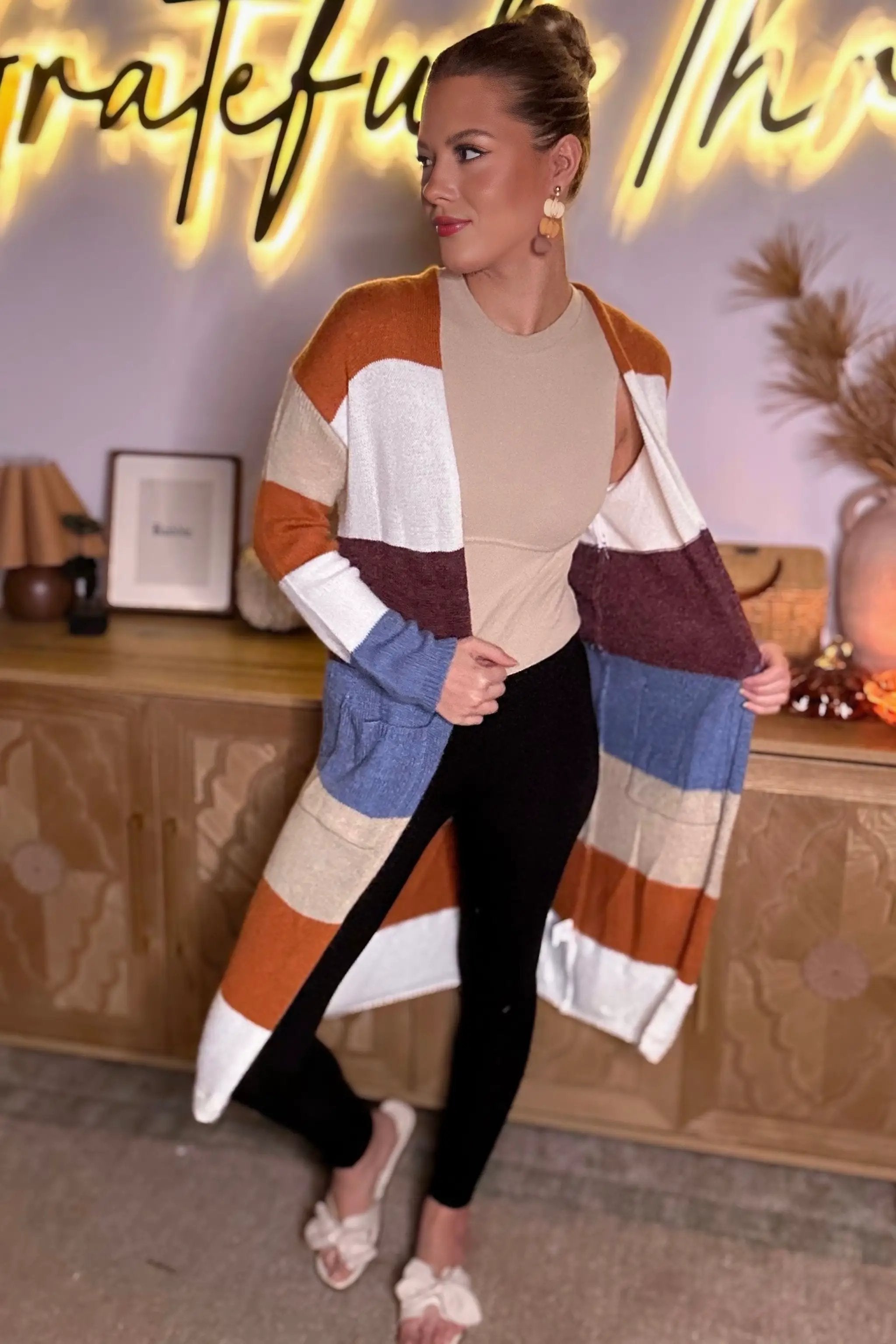 Grateful Threads Boutique Multicolor Colorblock Open Front Long Knit Cardigan - Cardigans Multicolor Colorblock Open Front Long Knit Cardigan