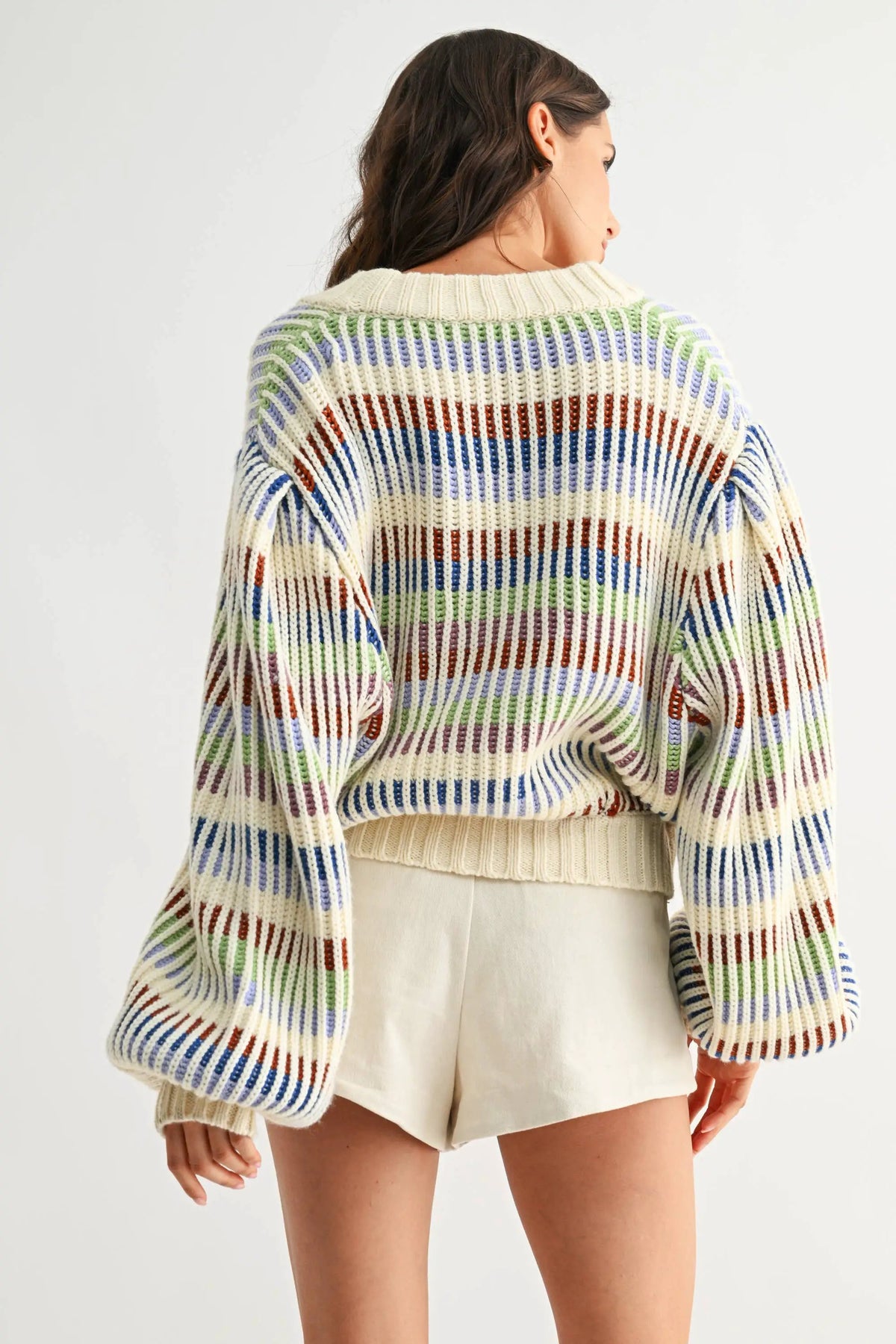 Camellia Camellia - CWT26016 Multicolor Striped Chunky Knit Cardigan: MULTI STRIPE / S-M-L (3-2-1) -