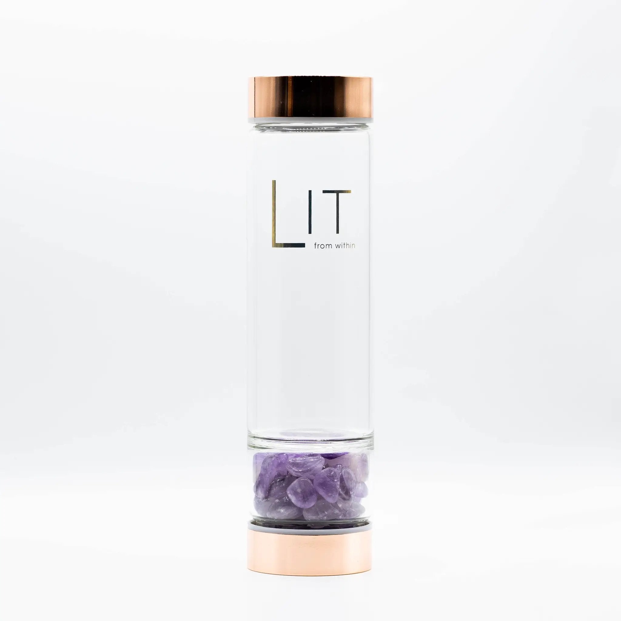 LIT From Within LIT From Within - Rose Gold Crystal Infused Glass Water Bottle - Amethyst -
