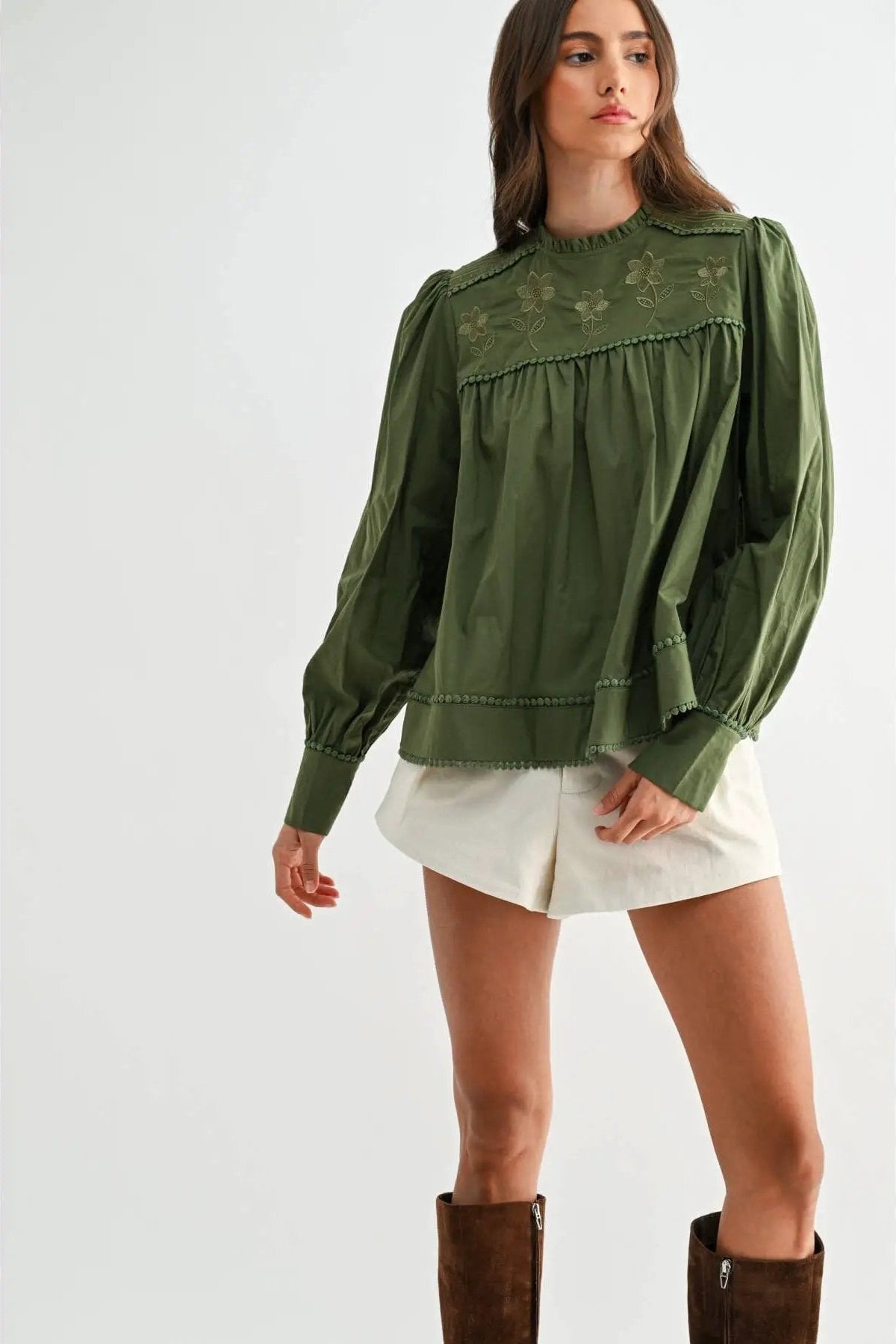 Camellia Camellia - EMBROIDERED OLIVE PUFF SLEEVE BLOUSE WTIH TRIM: OLIVE GREEN / S-M-L(3-2-1) -
