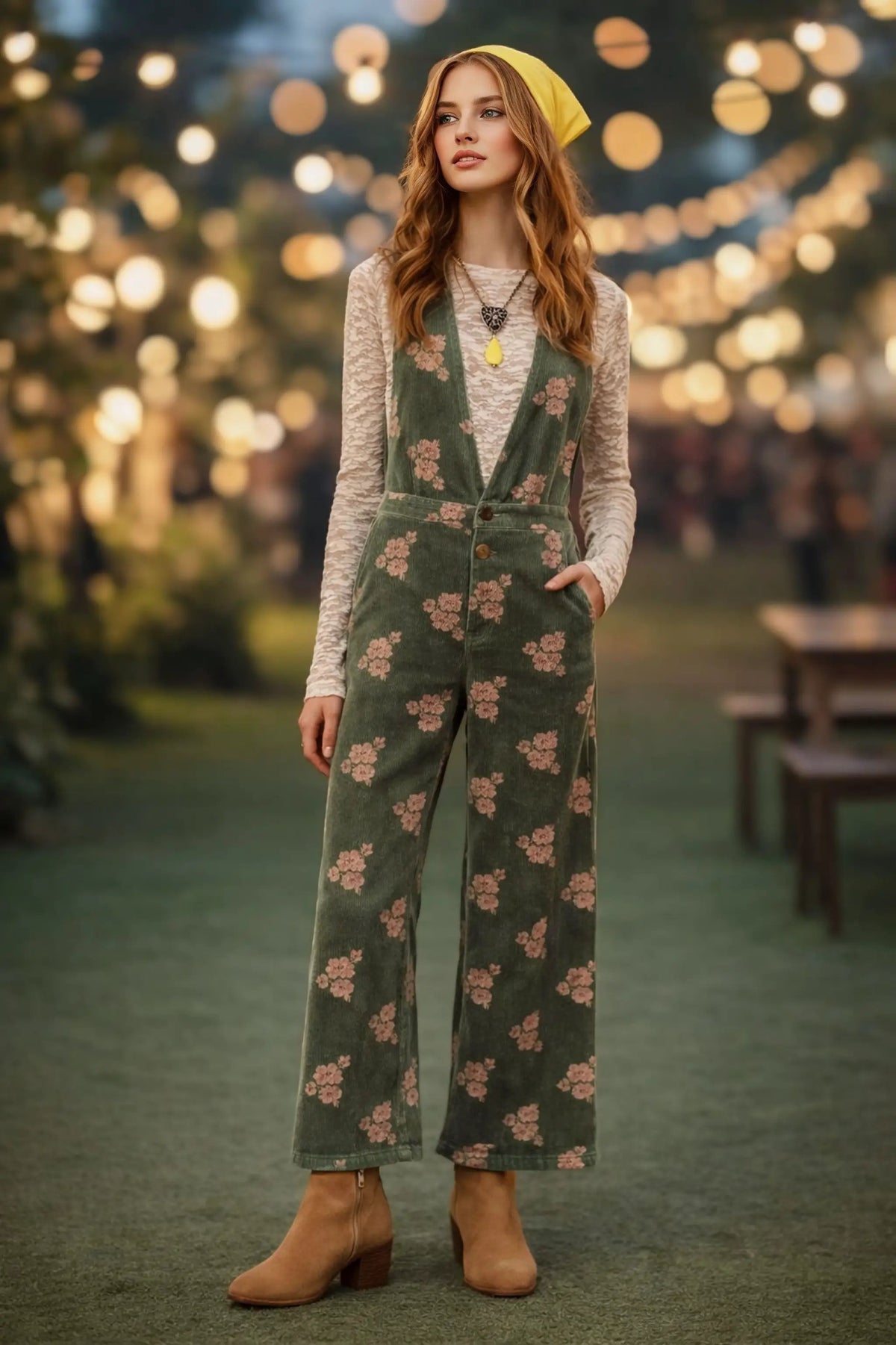 The Social Life outfit set by Grateful Threads Boutique: green floral overalls with cream lace top