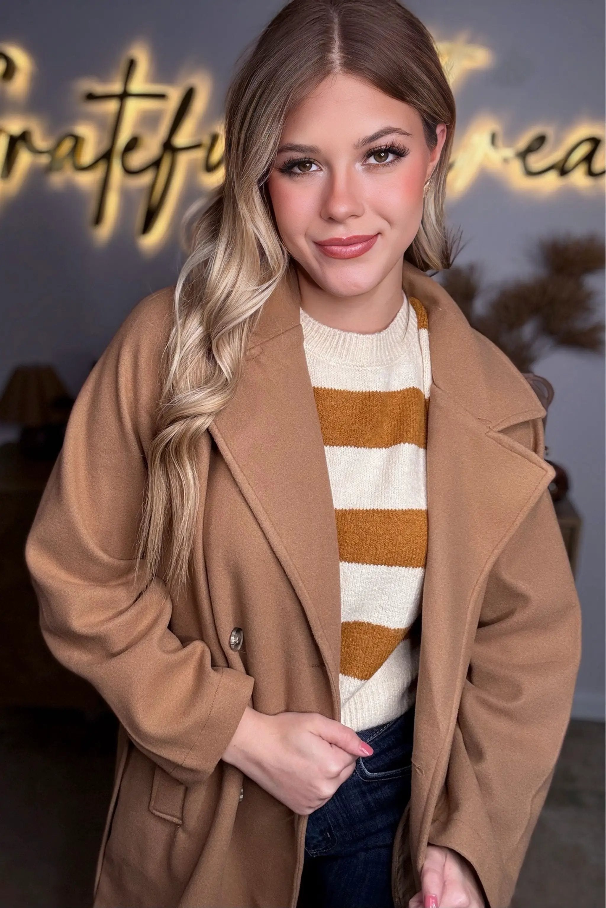 Active Basic | Active USA Active Basic | Active USA - Long Sleeve Double Breasted Button Soft Felt Trench Coat in Camel - Trench Coats Long Sleeve Double Breasted Button Soft Felt Trench Coat