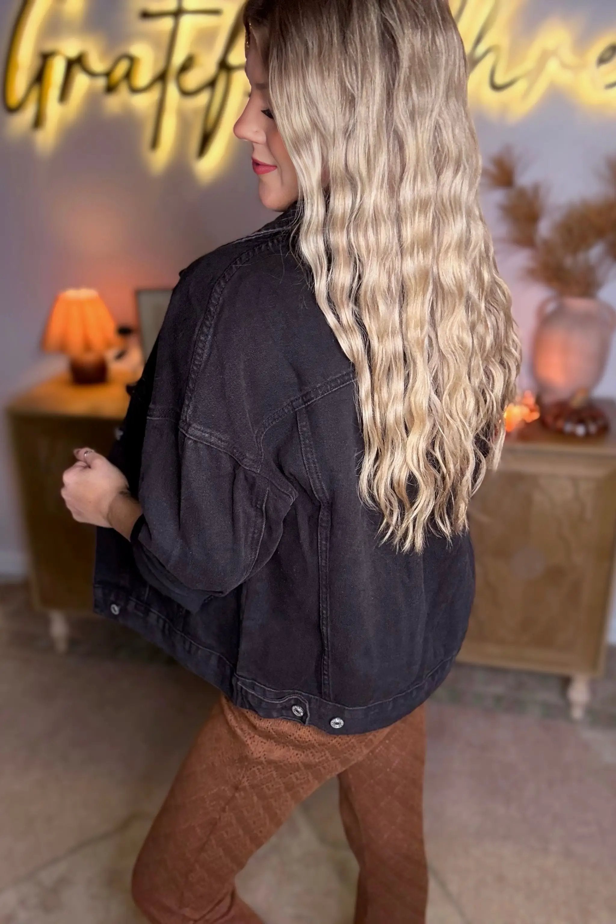 Grateful Threads Boutique Black Oversized Pocketed Denim Jacket - Trucker Jackets Black Denim Jacket
