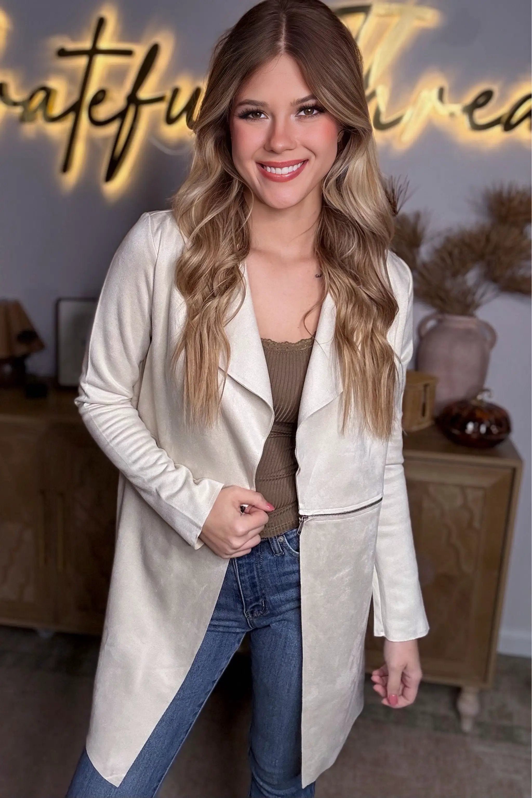 Active Basic | Active USA Active Basic | Active USA - Long Sleeve Front Two Zipper Detail Faux Suede Long Jacket in IVY - Coats & Jackets Long Sleeve Front Two Zipper Detail Faux Suede Long Jacket