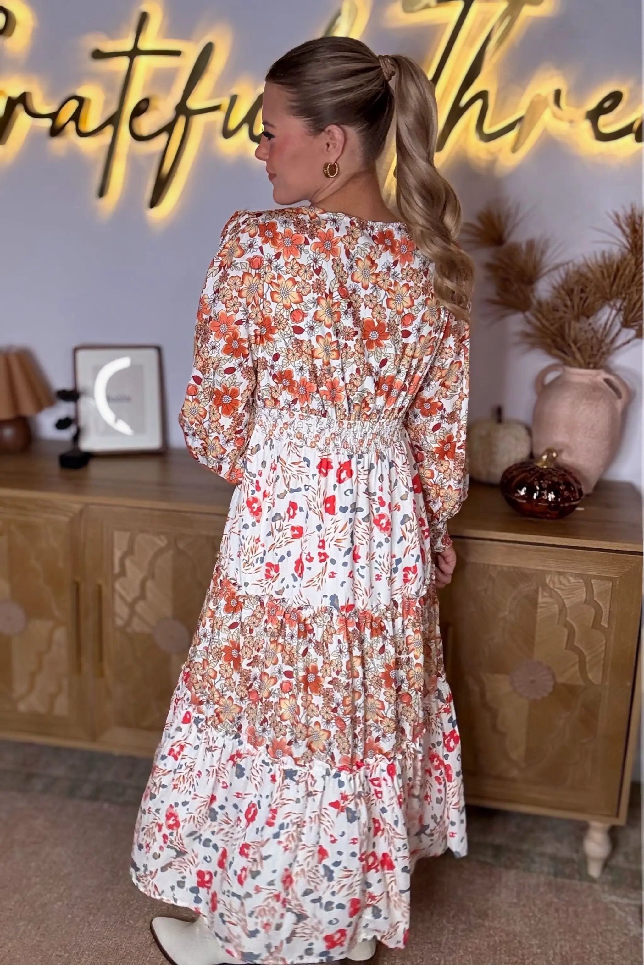 Grateful Threads Boutique The Pumpkin Patch Dress – Khaki Floral Tiered Midi for Fall Fun - Dresses