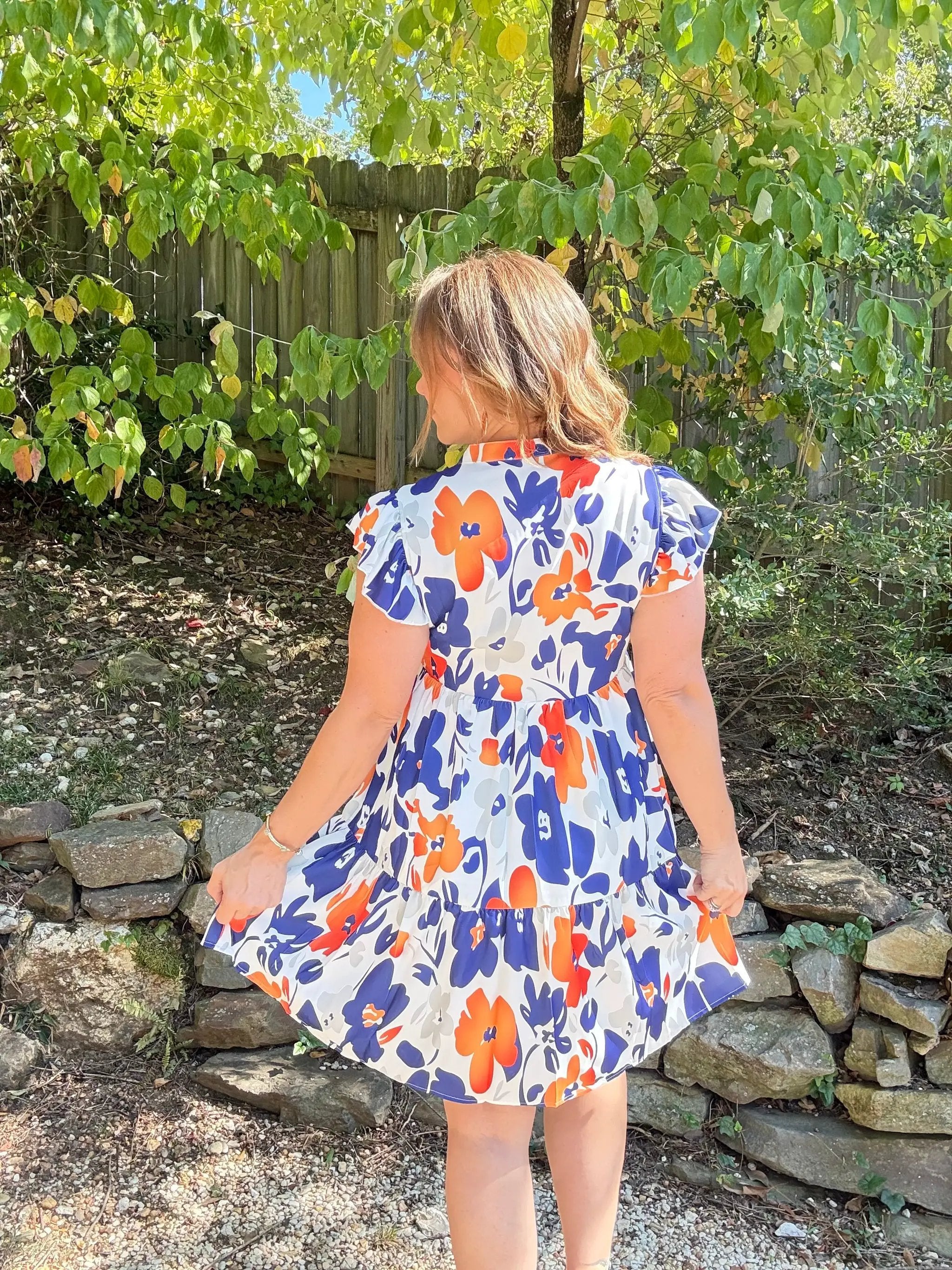 Grateful Threads Boutique Floral Print Notched Neck Flutter Sleeve Mini Dress - Dresses orange floral flutter sleeve mini dress