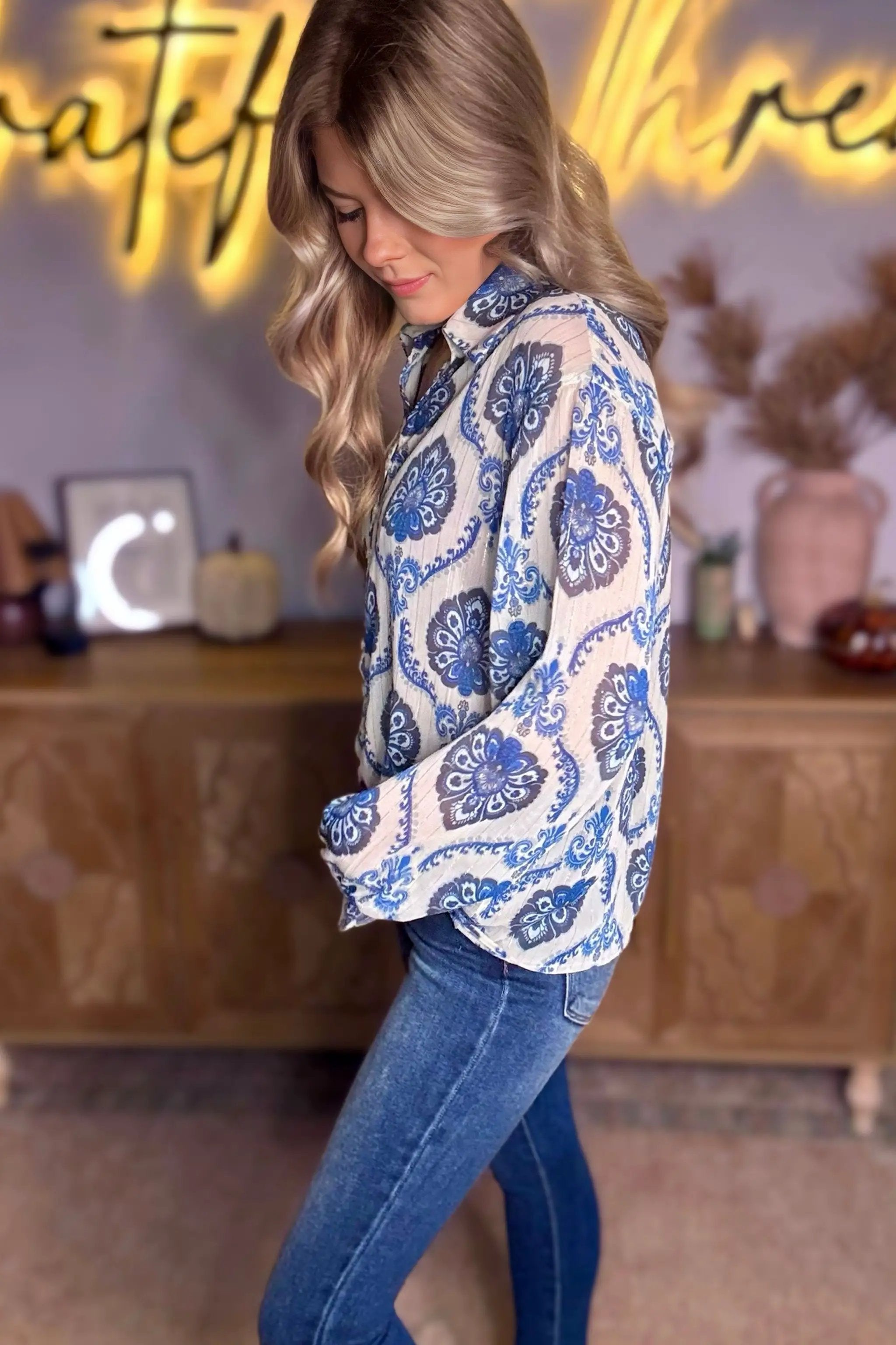 Grateful Threads Boutique Indigo Medallion Boho Button-Down Blouse - Blouses Blue Tribal Pattern Buttoned Front Loose Shirt