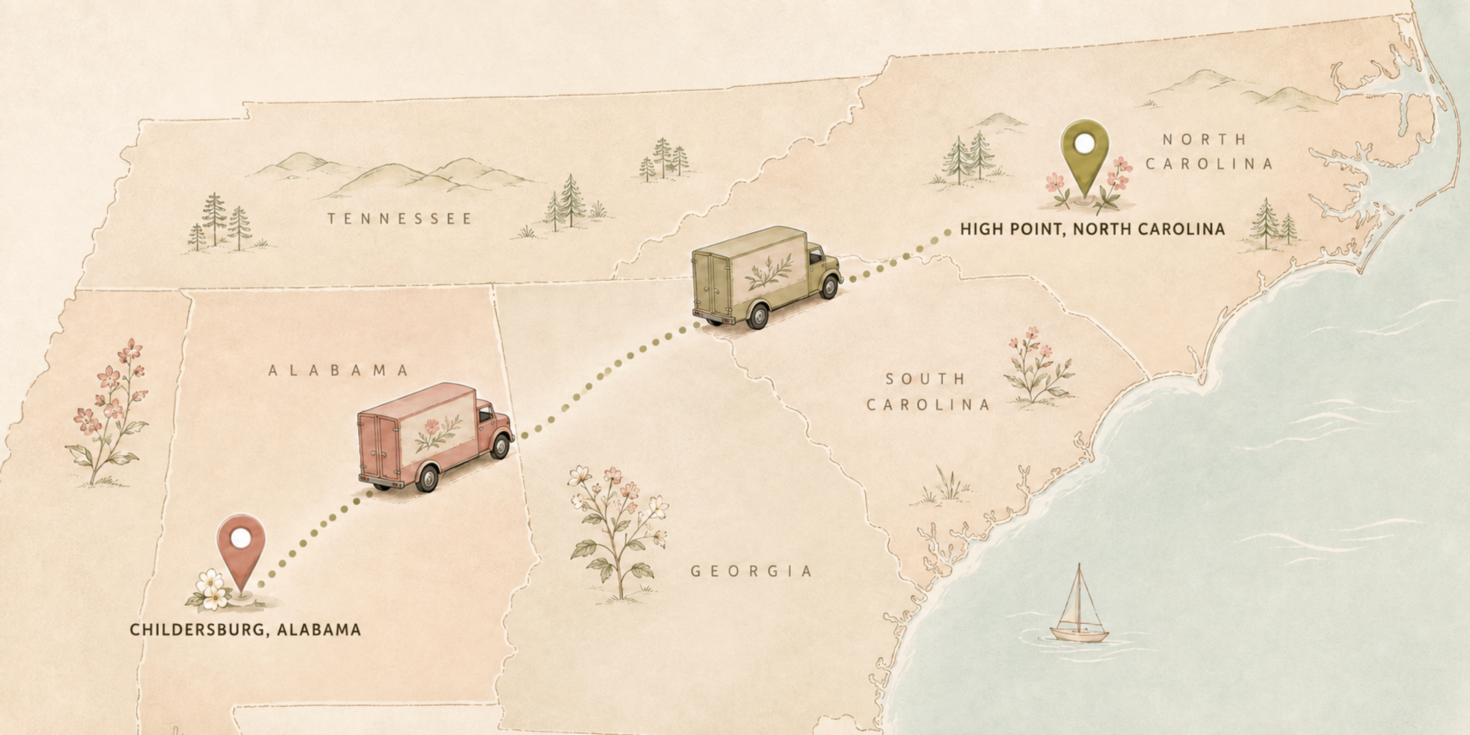 A stylized illustrated map of the southeastern United States showing a dotted travel route from Childersburg, Alabama to High Point, North Carolina, with two small delivery trucks placed over Alabama and North Carolina.