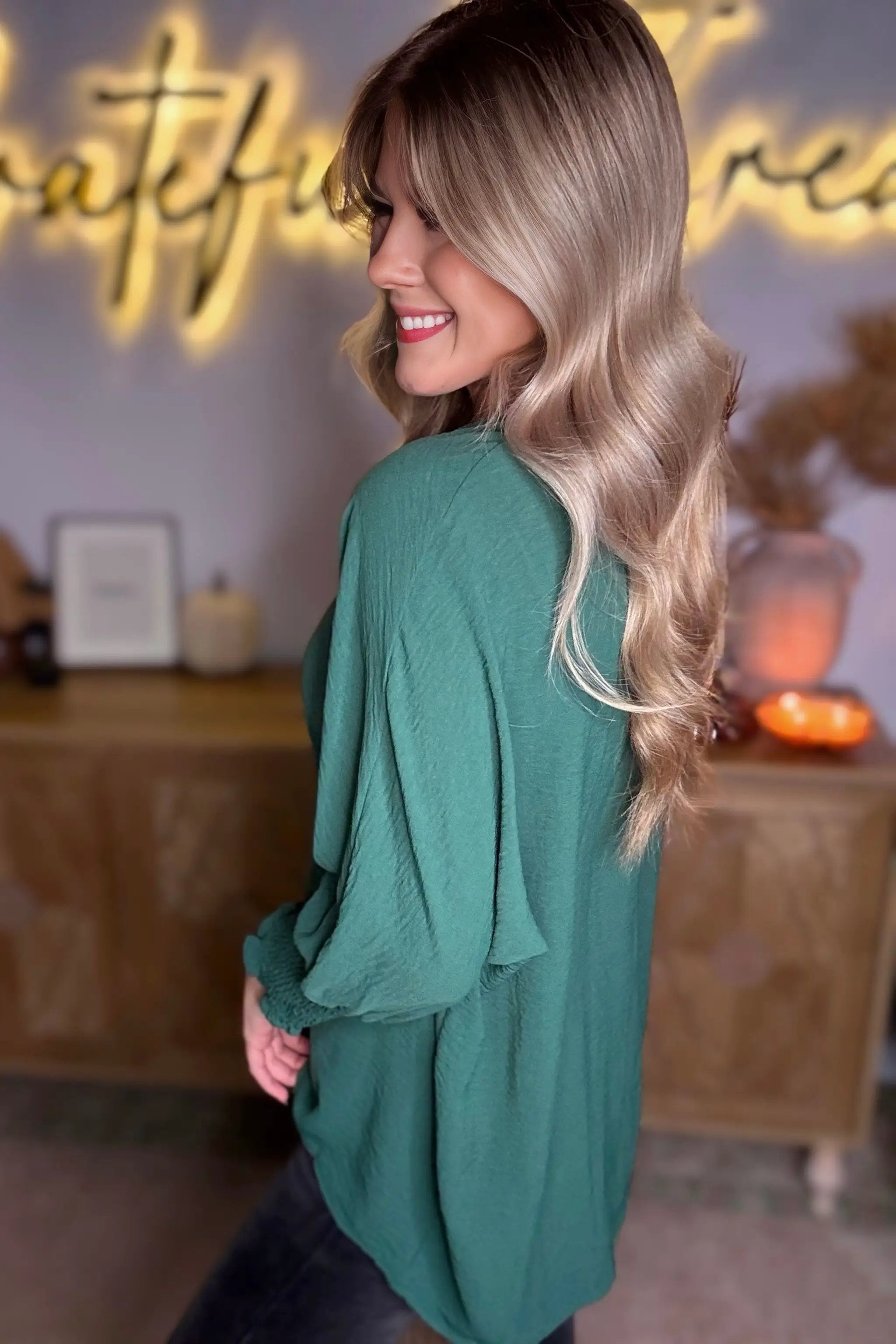 Grateful Threads Boutique Emerald Ease Smocked Cuff Blouse - Blouses Green Smocked Wrist Shift Top