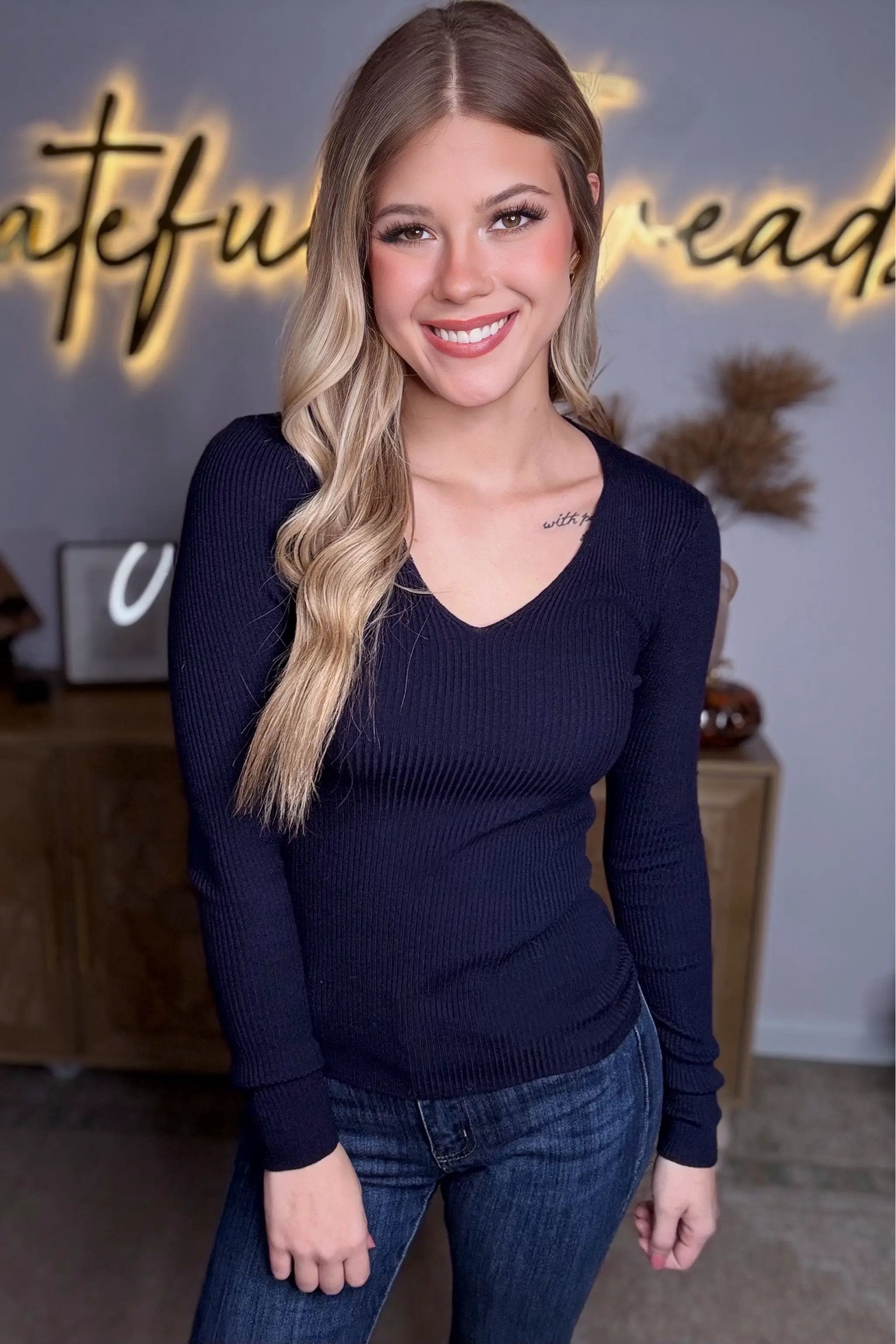 Active Basic | Active USA Navy Nights Ribbed Viscose V-Neck Sweater - Sweaters